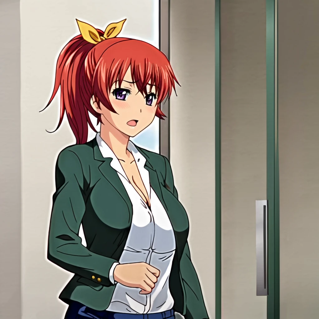 <lora:Asahina_pony_v1:1> AsahinaAnaNoOku, 1girl, ponytail, large breasts, jacket, red hair, purple eyes, cleavage, blazer, bow, shirt, cowboy shot,