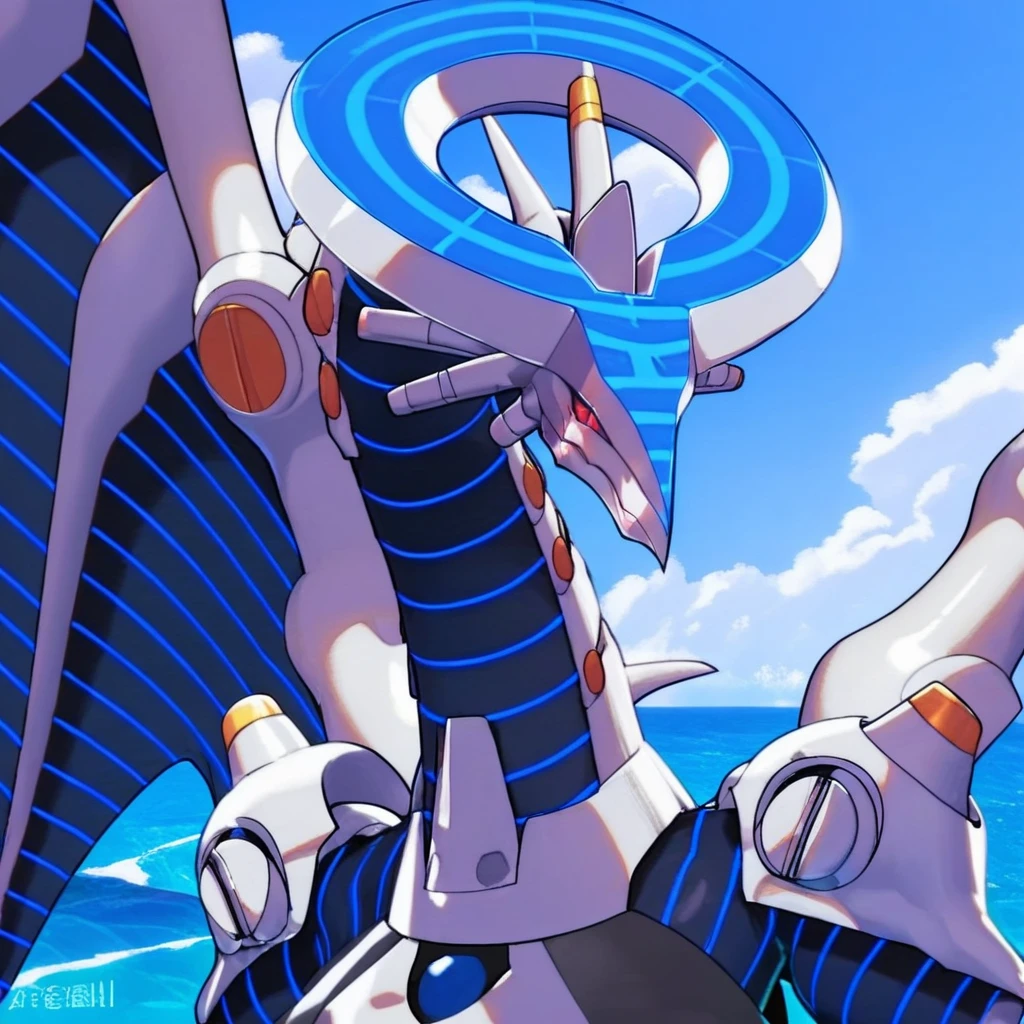 score_9, score_8_up, score_8, score_7_up, score_7, source_furry, rating_explicit, best quality,masterpiece, beach , perfect lighting,upper body, Firewall Dragon, duel monster,  dragon, mecha, white armor, mechanical neck, red eyes, armband,tiara, blue striped body, striped wings,