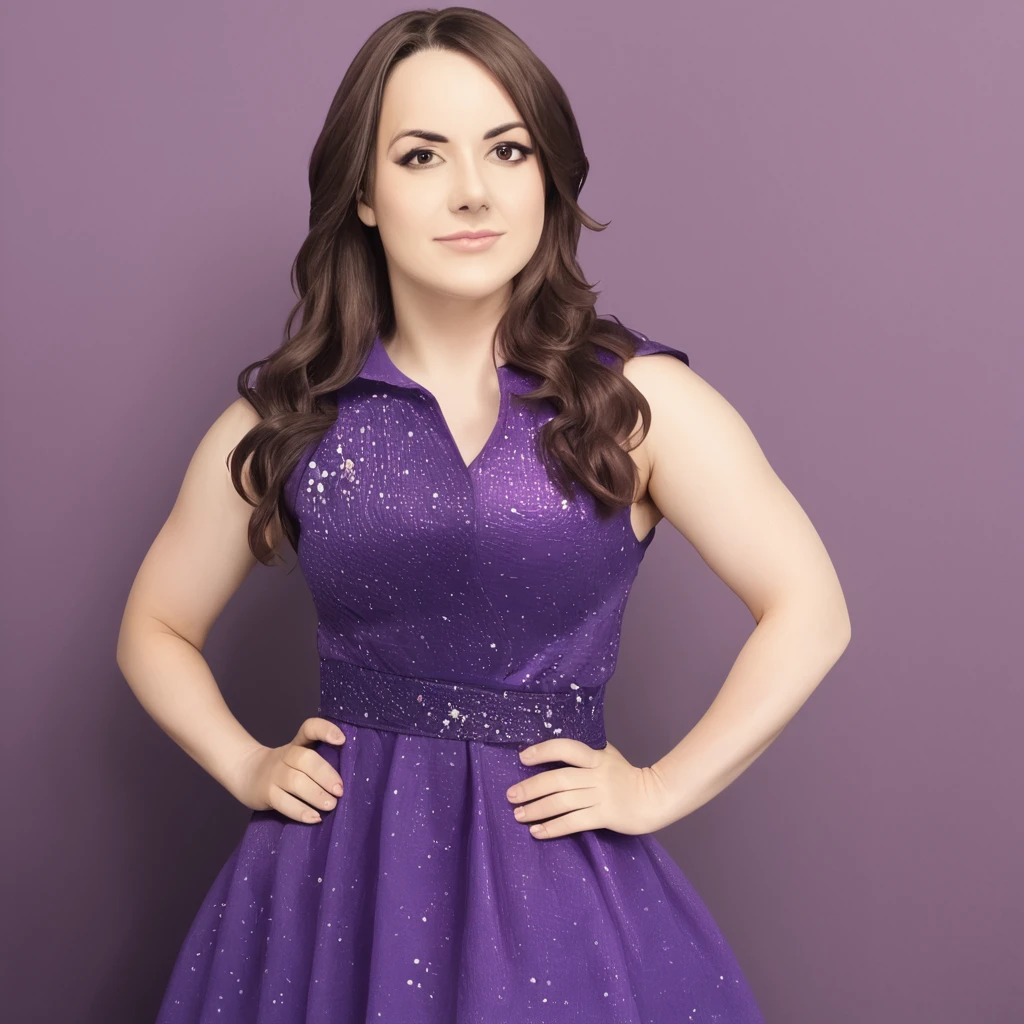 masterpiece, best quality,   <lora:Pony_Nikki_Cross:1>, n1kk1cr0ss, 1girl, solo, hand on hip, dress, realistic, long hair, brown hair, looking at viewer, brown eyes, purple dress, sleeveless, upper body