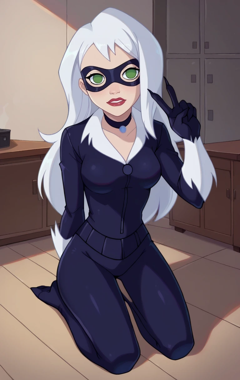 score_9,score_8_up,score_7_up BREAK <lora:BlackCat:1>,1girl,solo,long hair,gloves,green eyes,no pupils,white hair,choker,bodysuit,mask,lipstick,domino mask,cowboy shot,room,room background, kneeling, v