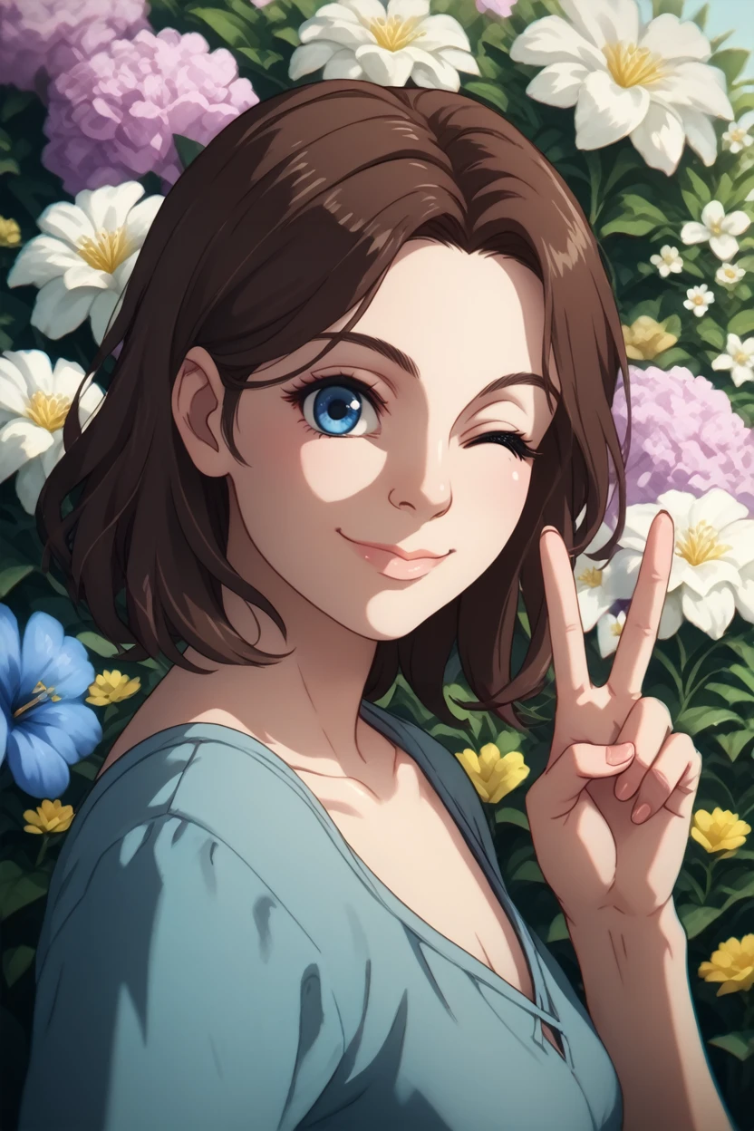 score_9, score_8_up, score_7_up, score_6_up
<lora:DD2Ulrika:0.8>
DD2Ulrika, 1girl, brown hair, blue eyes, looking at viewer, from side, wink, happy, smile, closed mouth, peace sign, flowers, meadow