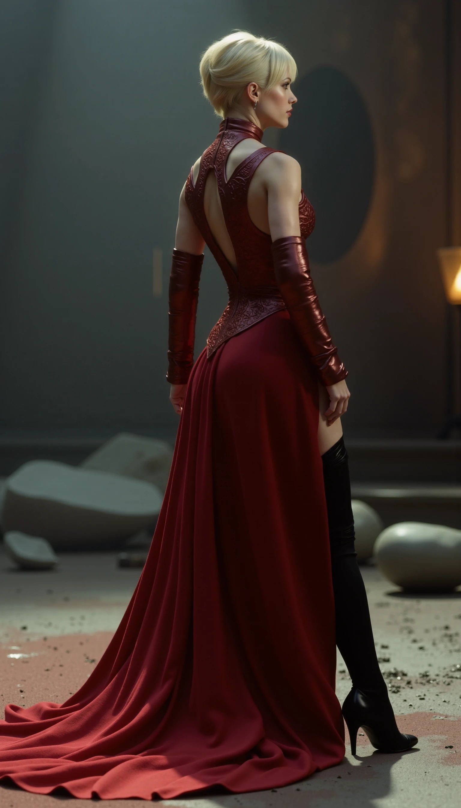 The photography is a movie phopto of a scene from a video game or cinematic sequence, likely from a sci-fi or fantasy setting. The central figure is a woman with a slender, athletic build, dressed in a long, flowing, deep red dress with a high slit up the back and a train that drapes to the floor. The dress is adorned with intricate, textured patterns that give it a luxurious, almost armor-like appearance. She is wearing black thigh-high stockings and black high-heeled shoes. Her hair is styled in a short, spiky style, and she has a pale complexion. She is positioned in a martial stance, with her back to the viewer, suggesting readiness or alertness.