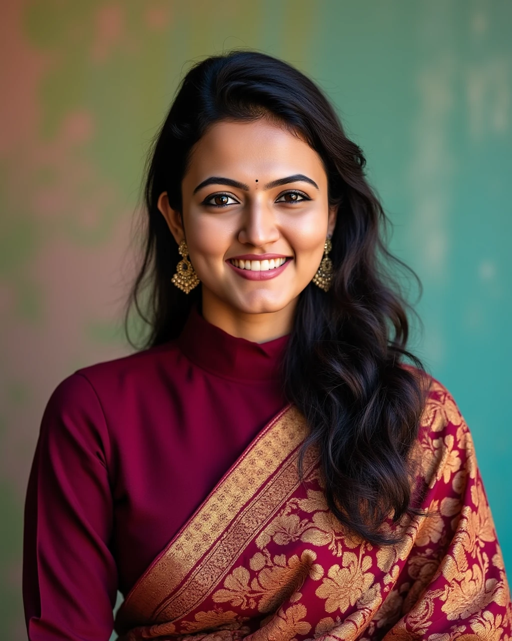 full body photo of Aparna Das woman,candid photo with natural colors, grinning expression on face,studio quality, wearing intricate conservative turtleneck Maroon Kanjeevaram Silk Saree, curls, pastel shaded multicolored background, cinematic soft lighting<lora:TestBed\Aparna_Das_2024_Flux_Kohya_V1.safetensors:1.0:1.0>