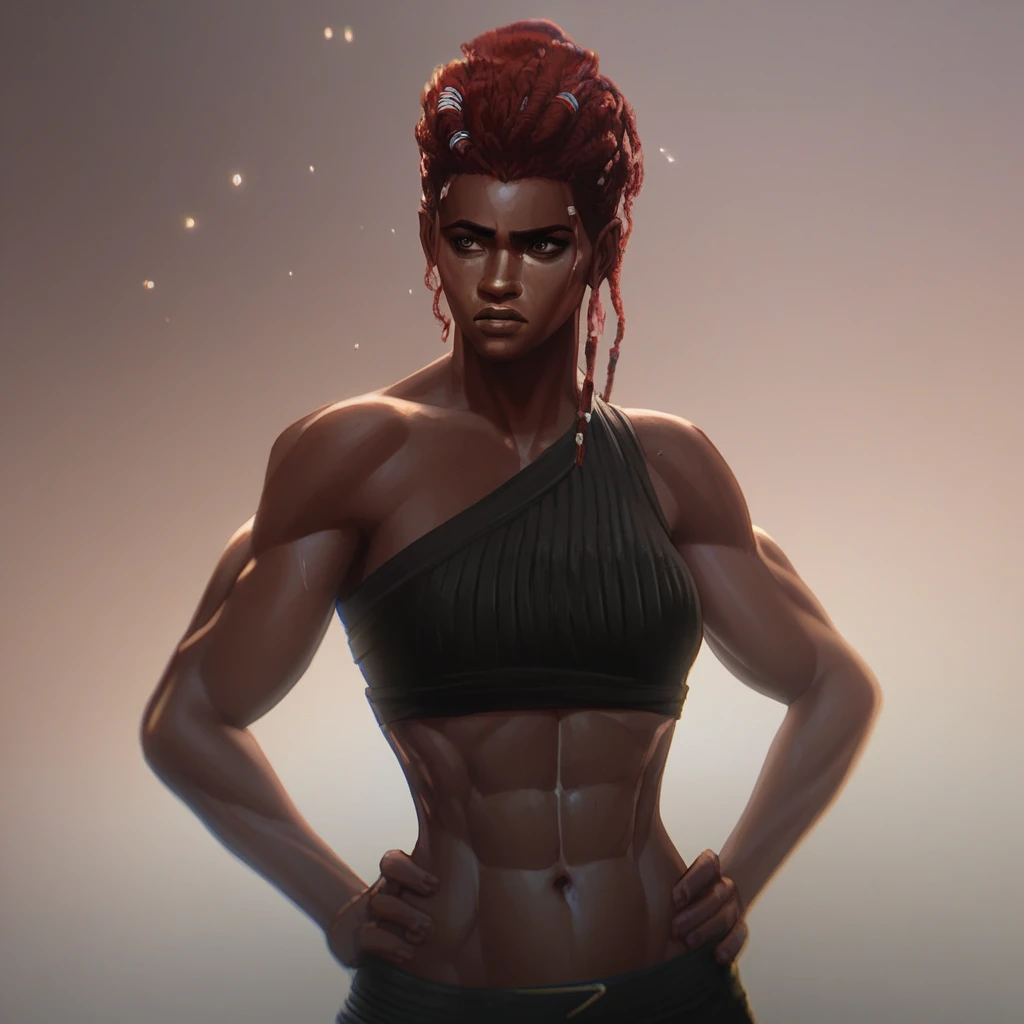 female focus, solo focus, solo, score_9, score_8_up, score_7_up, <lora:AmbessaMedardaOldYoung:1>  AmbessaMedardaYoung, 1 girl, female focus, dark-skinned female, abs, red hair, muscular, dredlocks, brown eyes, hands on hips, hand on hip