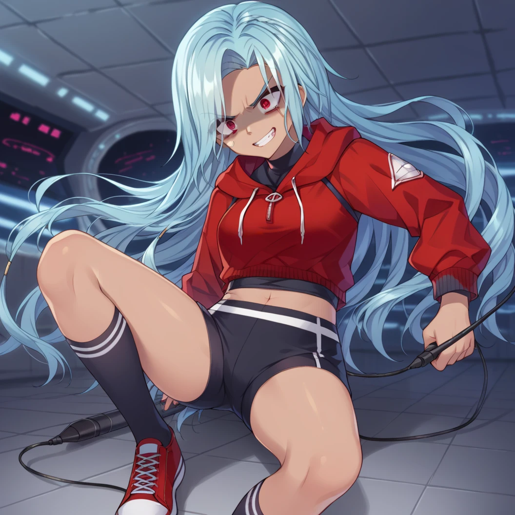 score_9, score_8_up, score_7_up, source_anime, masterpiece, best quality, 1girl , solo,  trisha, trishaalt, 1girl, solo, navel, hood, sneakers, socks, dark skin, red eyes, shoes, midriff, black socks, Mimicking shooting an arrow, angry, v-shaped eyebrows,  crazy smile, crazy eyes,  , malice, wrapped smile, shaded face,, in a dark scifi room, glowing machinery, metal plates, spacecraft interior, server consoles, wires, machinery,, <lora:trisha_chronoark_ponyxl-000005:1>