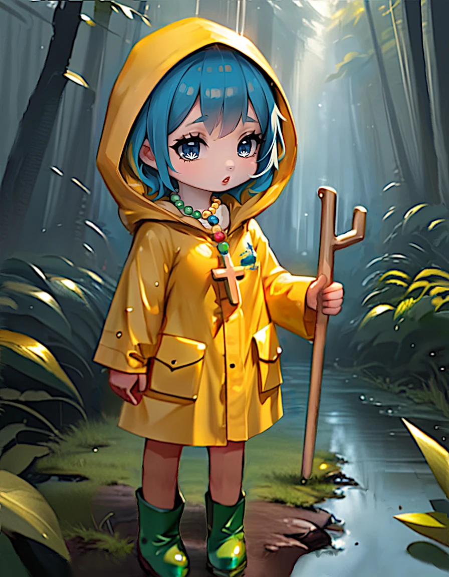 Luce, 1girl, chibi, forest, yellow raincoat, hood, rain, short aqua hair, pearl bead cross necklace, leek staff, rubber boots, green footwear