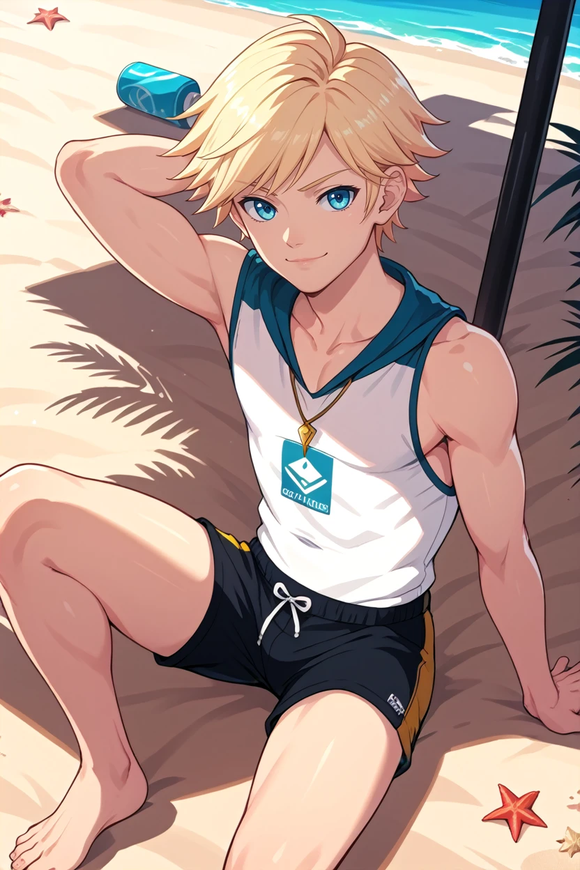 score_9, score_8_up, score_7_up,
<lora:CBHunter:0.8>
CBHunter, 1boy, blonde hair, short hair, blue eyes, looking at viewer, beach, arm behind head, shorts, smirk