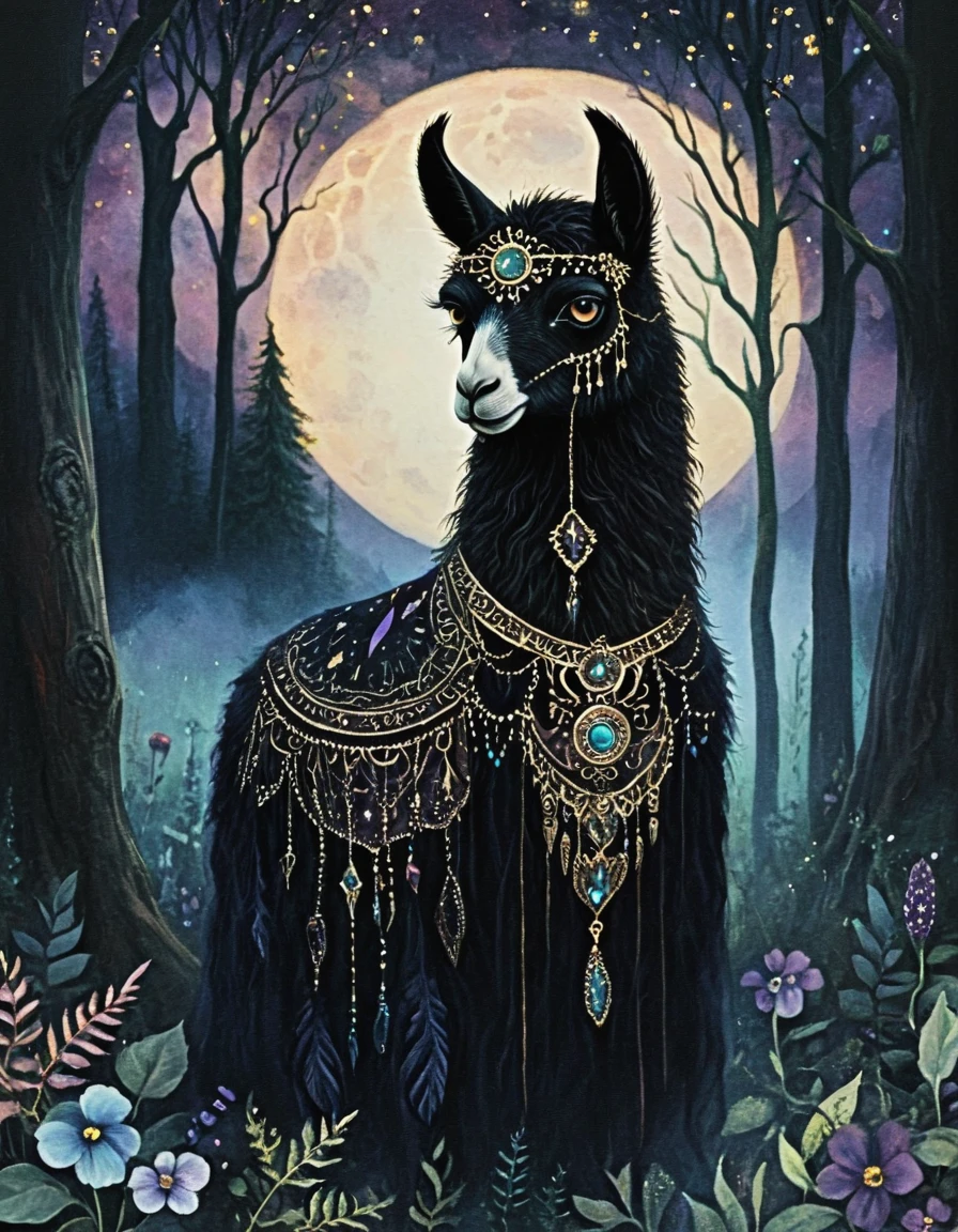 novuschroma style llama in an enchanted forest <lora:124_novuschromaSXL_a4:1>