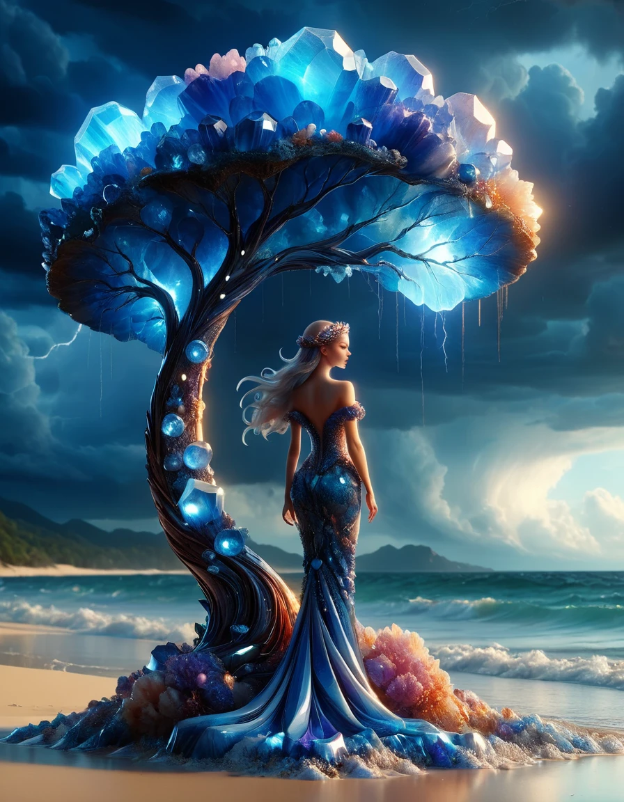 elegant, Fairy-Tale ral-azrte, at beach, Thunderstorm, Wide view, Fine art, Zen, Cartooncore, elegance, luxurious, <lora:ral-azrte-sdxl:1>, inspired, delicate, dramatic, deep aesthetic, complimentary colors, enchanted, highly intricate, badge, stunning, highly decorated, fine artistic composition, warm light