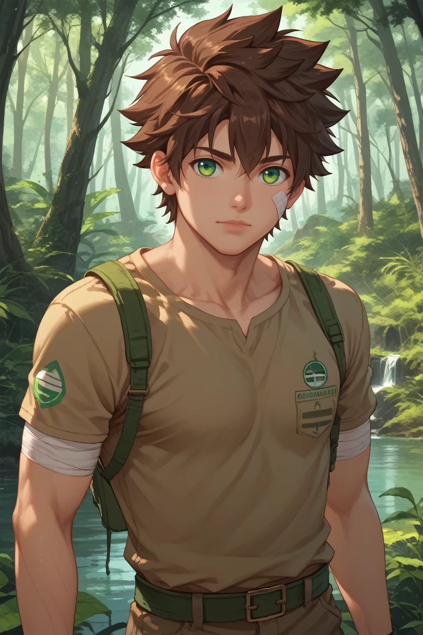 score_9, score_8_up, score_7_up,
<lora:CBKeitaro:0.8>
CBKeitaro, 1boy, brown hair, short hair, green eyes, bandage, looking at viewer, standing amidst towering redwood trees in a lush forest