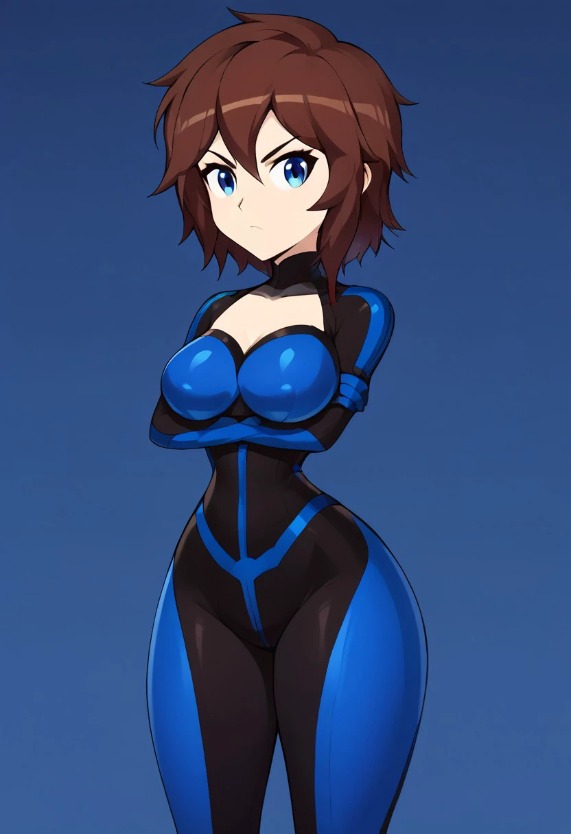 score_9, score_8_up, score_7_up, score_6_up, score_5_up, score_4_up, BREAK, masterpiece, blue background , serious expression, VrendaSP,, Brown hair, blue eyes, short hair, thin waist, medium breasts, large thighs, thin waist, Gloves, blue spacesuit, body suit black, crossed hands,