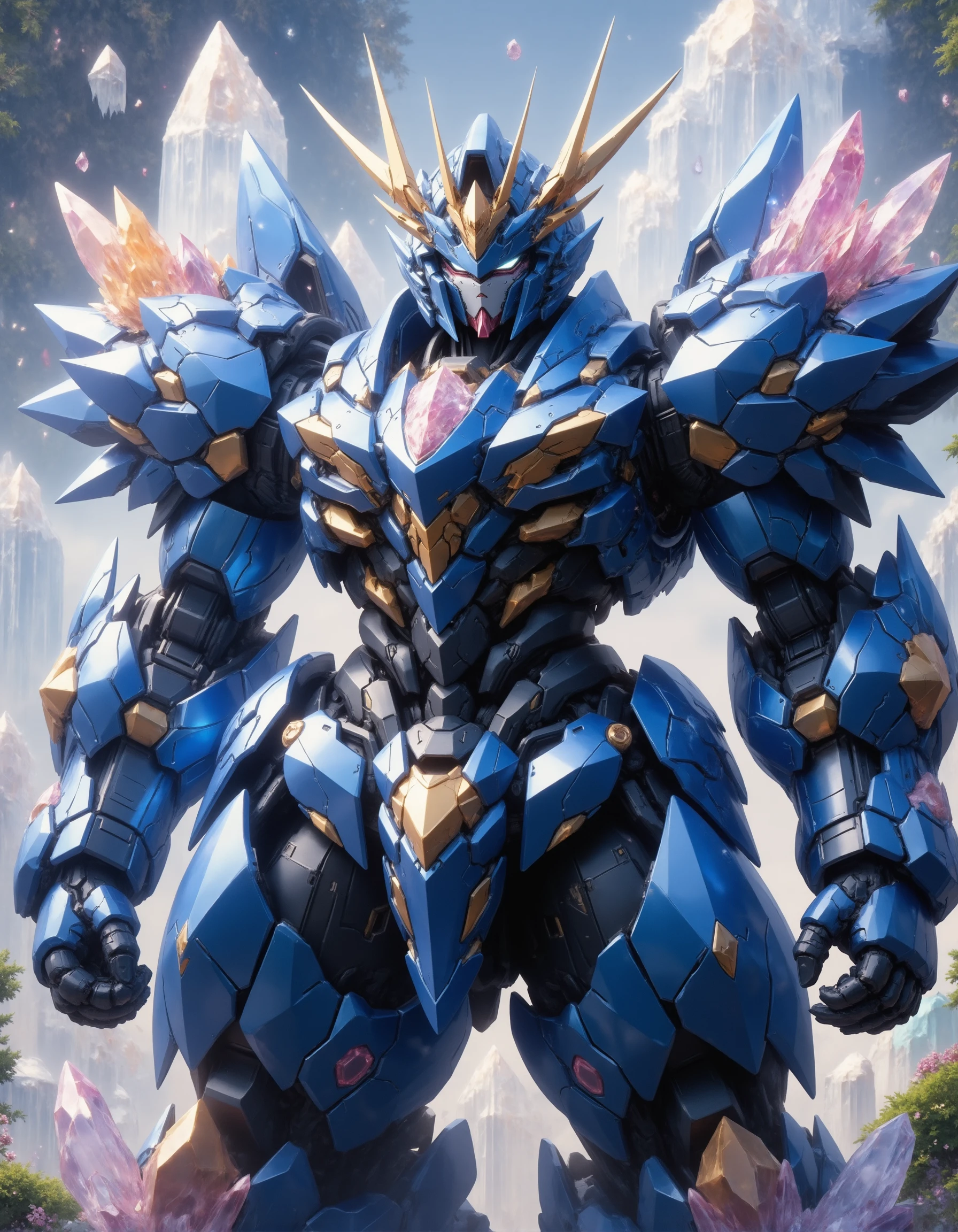 fluxmecha,A blue-white mech stood in a clump of crystals, sharp crystals growing from its thick armour, pale pink and translucent crystals glittering in the sunlight, broken crystals flying in the air