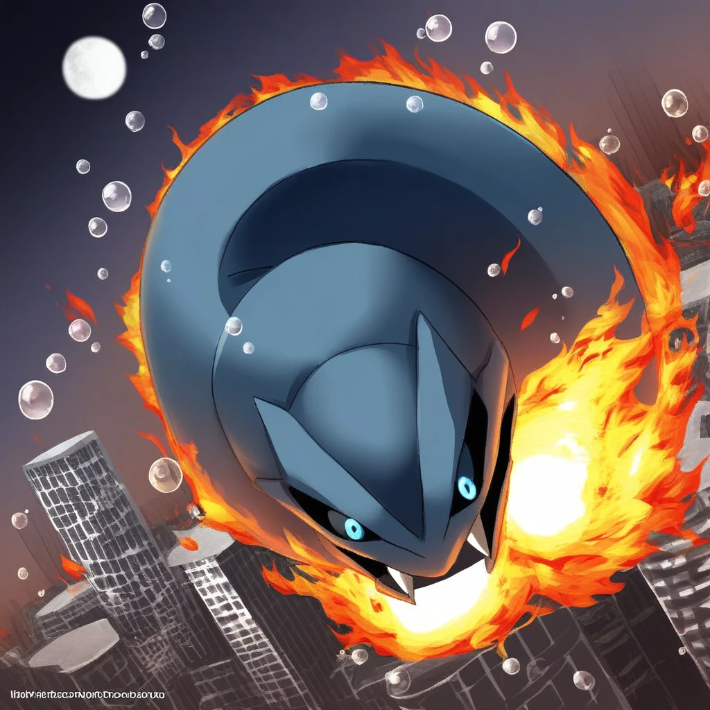 fire, gradient, black eyes, colored sclera, city, moon, holding pokemon, blue eyes, web address, serpentine, sharp teeth, black sclera, bubble, above clouds