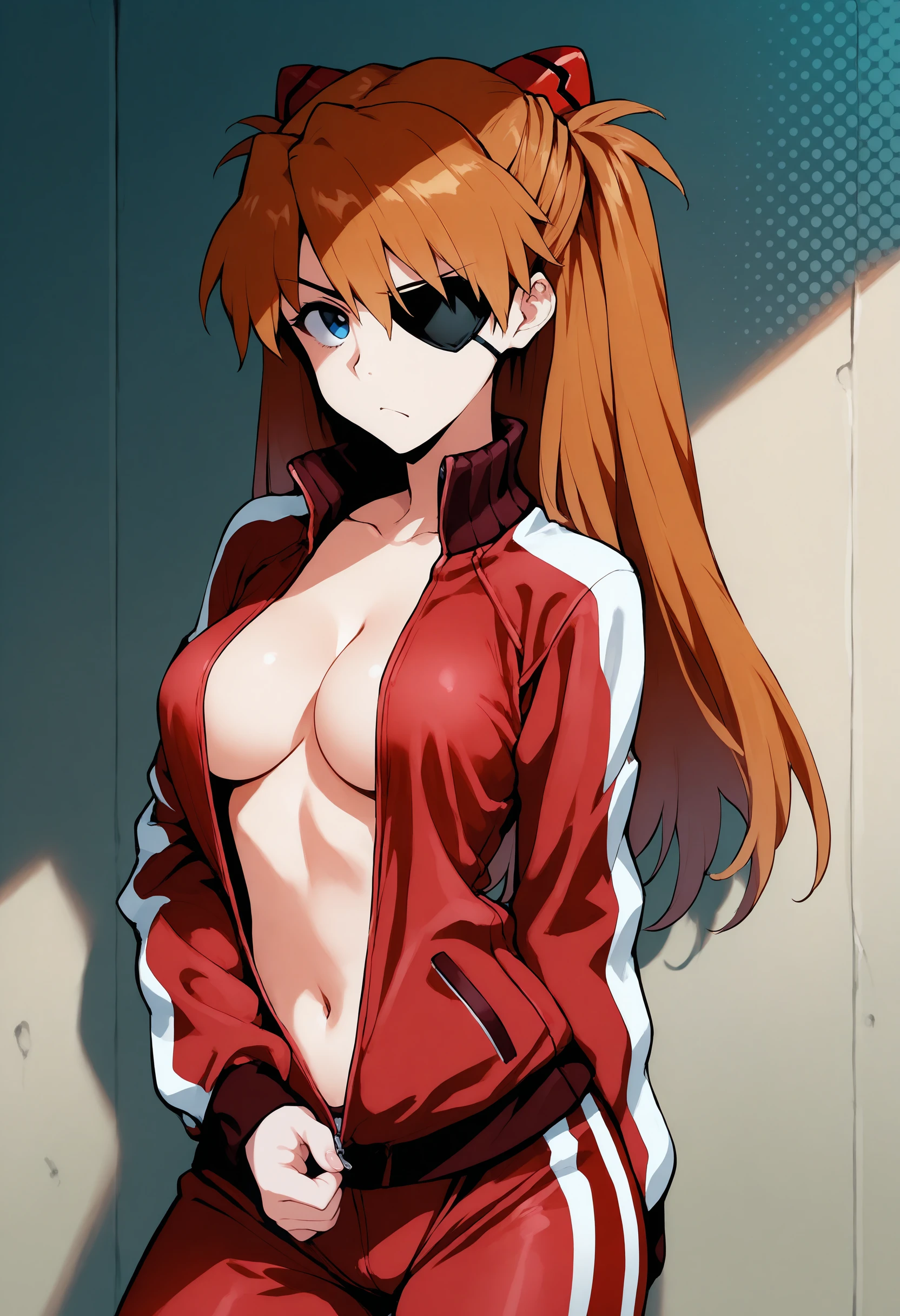masterpiece, best quality, 2D, manga panels, half tone shading, halftone background, 1girl, souryuu asuka langley, eyepatch standing, open clothes, track jacket, unzipped, clothes pull, breasts, navel, cleavage, pinching zipper pull tab, hand
