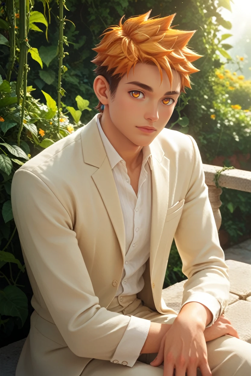 score_9, score_8_up, score_7_up,
<lora:CBHiro:0.8>
CBHiro, 1boy, orange hair, short hair, orange eyes, looking at viewer, sitting on a stone bench in a Mediterranean courtyard, wearing a light linen suit, vines and flowers around, warm sunlight, elegant and relaxed mood