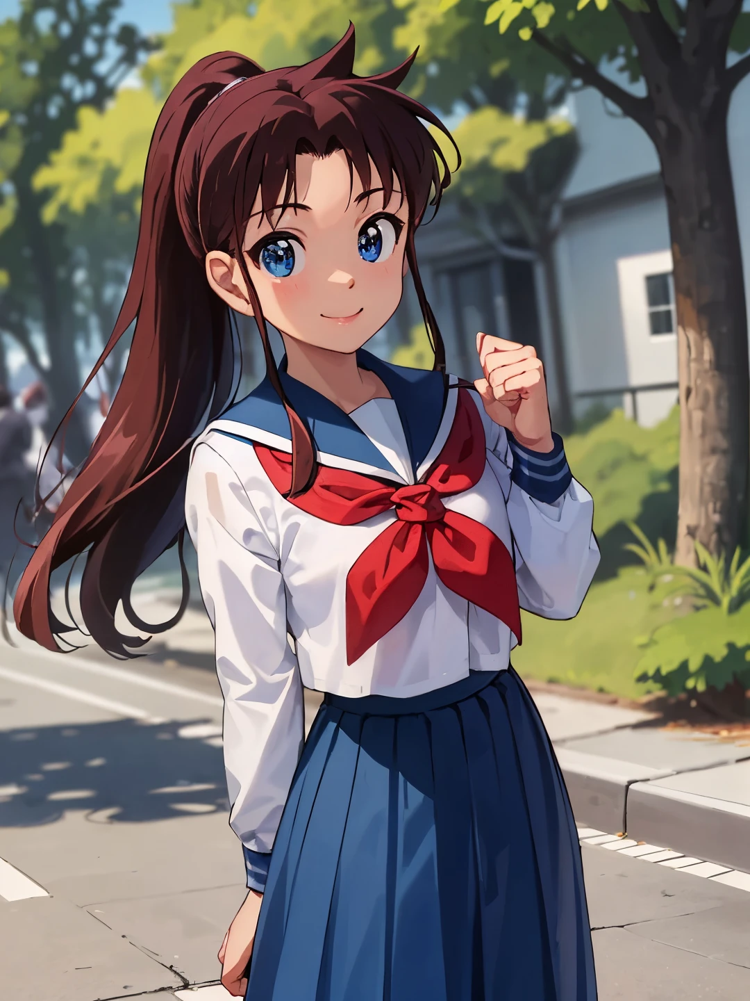 <lora:Mine_Sayaka_0R:0.7>
minesayaka, brown hair, long hair, high ponytail, sidelocks, blue eyes
serafuku, school uniform, white shirt, blue sailor collar, red neckerchief, (blue skirt:1.2), long skirt
masterpiece, best quality, ultra-detailed, detailed, detailed skin, absurdres, 8k, digital art
1girl, solo, facing viewer, standing, looking at viewer, smile, standing, cowboy shot
(outdoors, park, tree, bush, flower bed, street, stone floor)