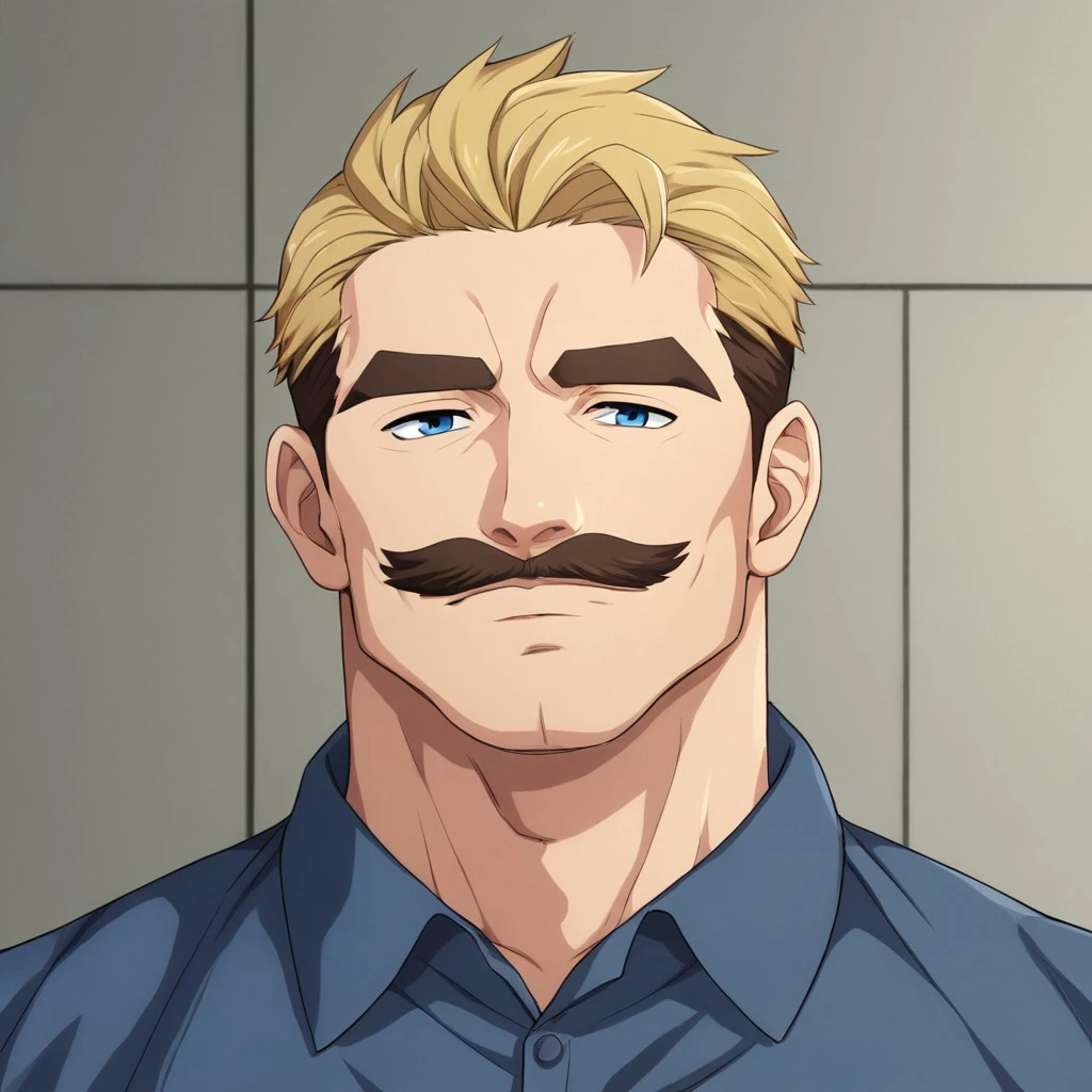 ducka, ducka98, 98d, solo, looking at viewer, short hair, blue eyes, blonde hair, brown hair, shirt, 1boy, closed mouth, upper body, collared shirt, indoors, facial hair, thick eyebrows, blue shirt, muscular male, portrait, bara, meme, mature male, green shirt, mustache, comic background, big muscles, male focus