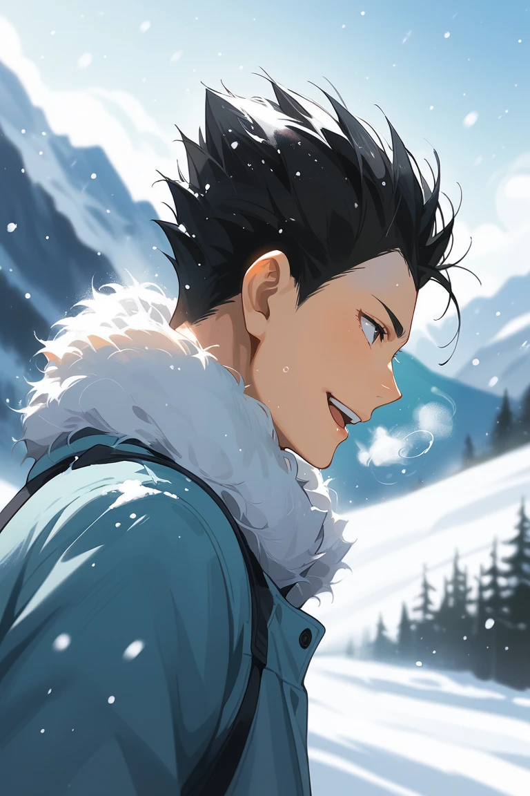 score_9, score_8_up, score_7_up, source_anime, rating_safe, day, natural lighting, winter theme, snow, snowing, snowflakes, mountain, breath, male focus, leaning back, looking away, smiling, KindaichiHU, black_KindaichiHU_spiked hair, black_KindaichiHU_eyes, open mouth, winter clothes, fur trim, 1boy, blurry outdoors, scenery, from side, from below, dutch angle, intricately detailed illustration, atmospheric perspective, depth of field