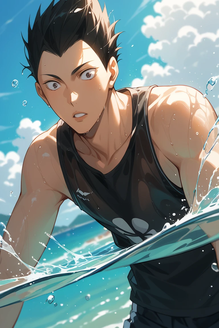 score_9, score_8_up, score_7_up, source_anime, rating_questionable, day, natural lighting, summer theme, water, water droplet, water splash, ocean horizon, male focus, leaning forward, looking down at viewer, surprised, KindaichiHU, black_KindaichiHU_spiked hair, black_KindaichiHU_eyes, parted lips, summer clothes, wet clothes, black tank top, 1boy, blurry outdoors, scenery, from below, dutch angle, intricately detailed illustration, atmospheric perspective, depth of field