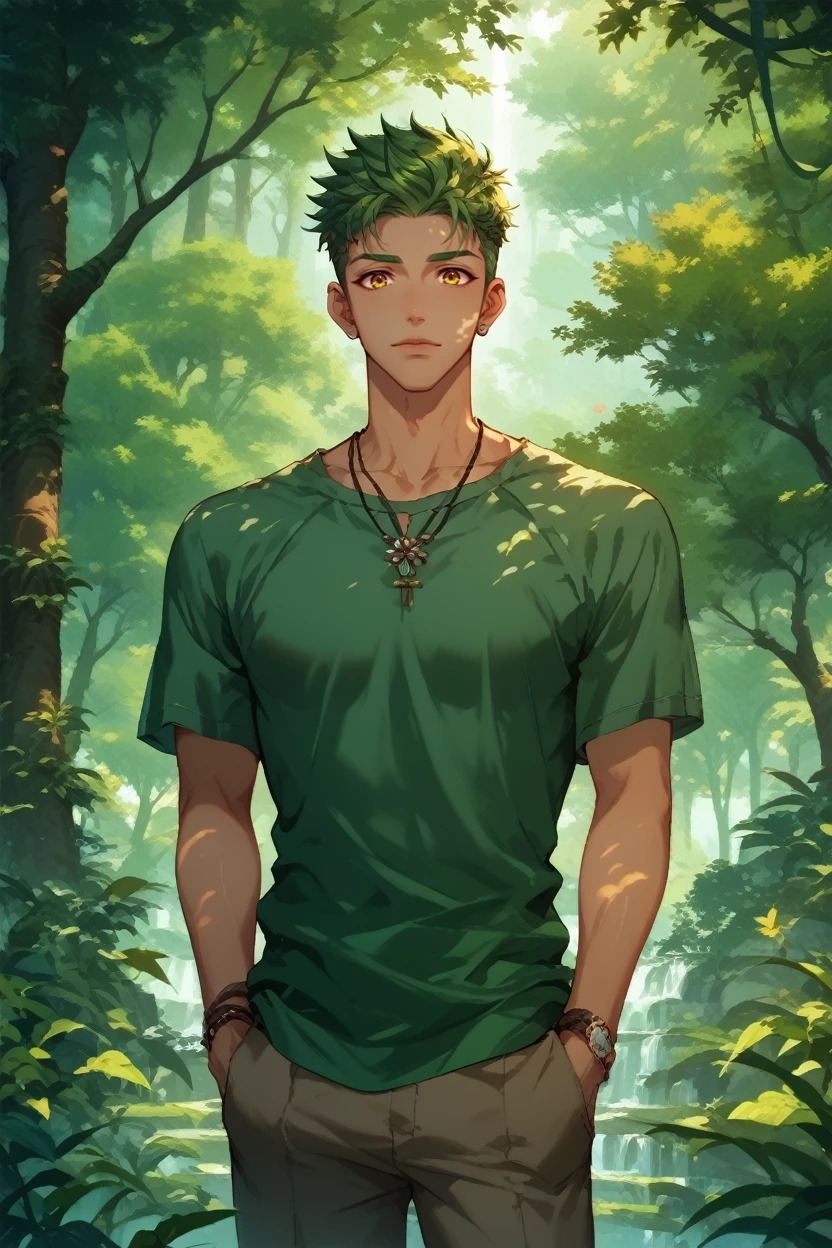 score_9, score_8_up, score_7_up, 
<lora:CBAiden:0.8>
CBAiden, 1boy, green hair, yellow eyes, short hair, tanned, looking at viewer, standing amidst towering redwood trees in a lush forest