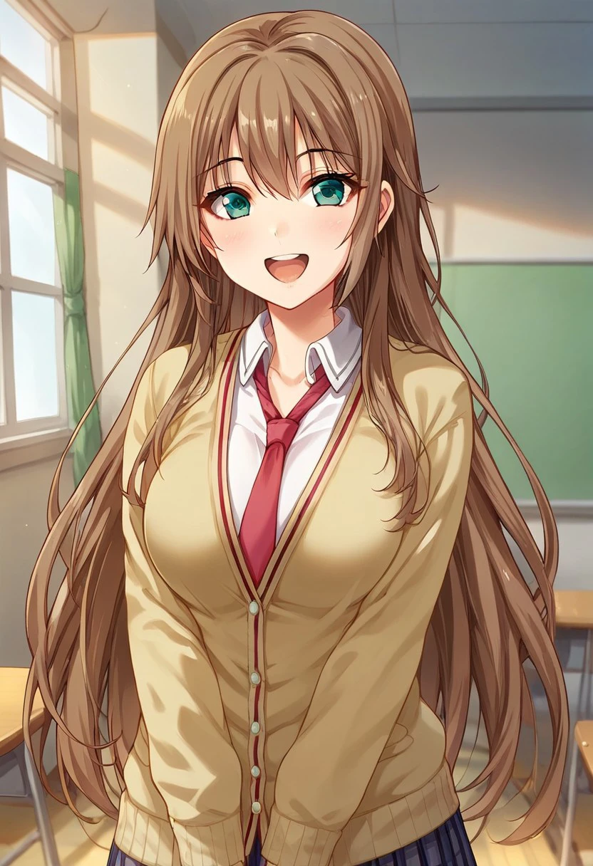 score_9, score_8_up, score_7_up, source_anime, indoors, 1girl, solo,looking at viewer, happy,green eyes,brown hair, long hair, cleavage, school uniform, cardigan,red necktie,skirt,pleated skirt, plaid skirt,bare legs,white shirt,1girl, ,smile,open mouth,