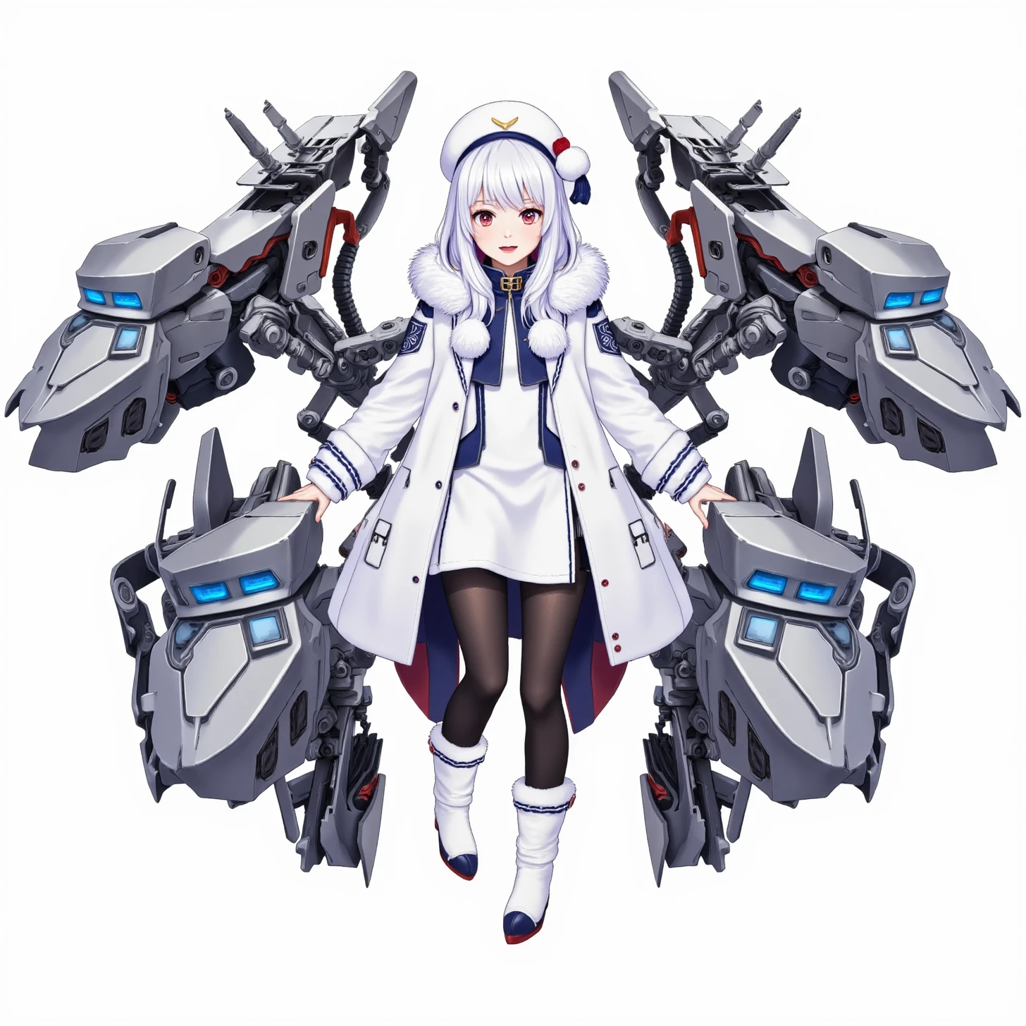 Azure Lane, Stremitelny, 1girl, white hair, red eyes, fur trim, white coat, open mouth, fur-trimmed coat, white footwear, white background, rigging, smile, white headwear, boots, simple background, machinery, bangs, looking at viewer, surrounded by blue glowing mechanized turret heads, hair between eyes, long sleeves, fur-trimmed sleeves, black pantyhose, winter clothes with blue trim, pom pom (clothes), full body, military hat, :d, ahoge, fur-trimmed dress