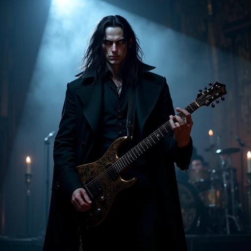 Portray Lucian 'Shade' Graves, a tall, centuries-old vampire with a commanding yet mysterious presence. His attire is a dark, sleek trench coat with faintly iridescent details that shimmer subtly under dim, gothic lighting. Lucian’s face is pale, with sharply chiseled features and piercing eyes that glow faintly with a hypnotic allure, suggesting his vampiric nature. His gaze should convey wisdom and a haunting depth, as if he has seen countless lifetimes unfold. Long, black hair falls just past his shoulders, slightly tousled, framing his face with a shadowy elegance. In one hand, he holds a rhythm guitar with dark, intricate engravings, an extension of his vampiric identity and musical prowess. The background is a misty, and shadowy on the concert stage, where he is playing. Shadows should subtly frame Lucian, as if he moves in and out of them with ease, embodying his role as the band’s mysterious rhythm guitarist and tarot reader