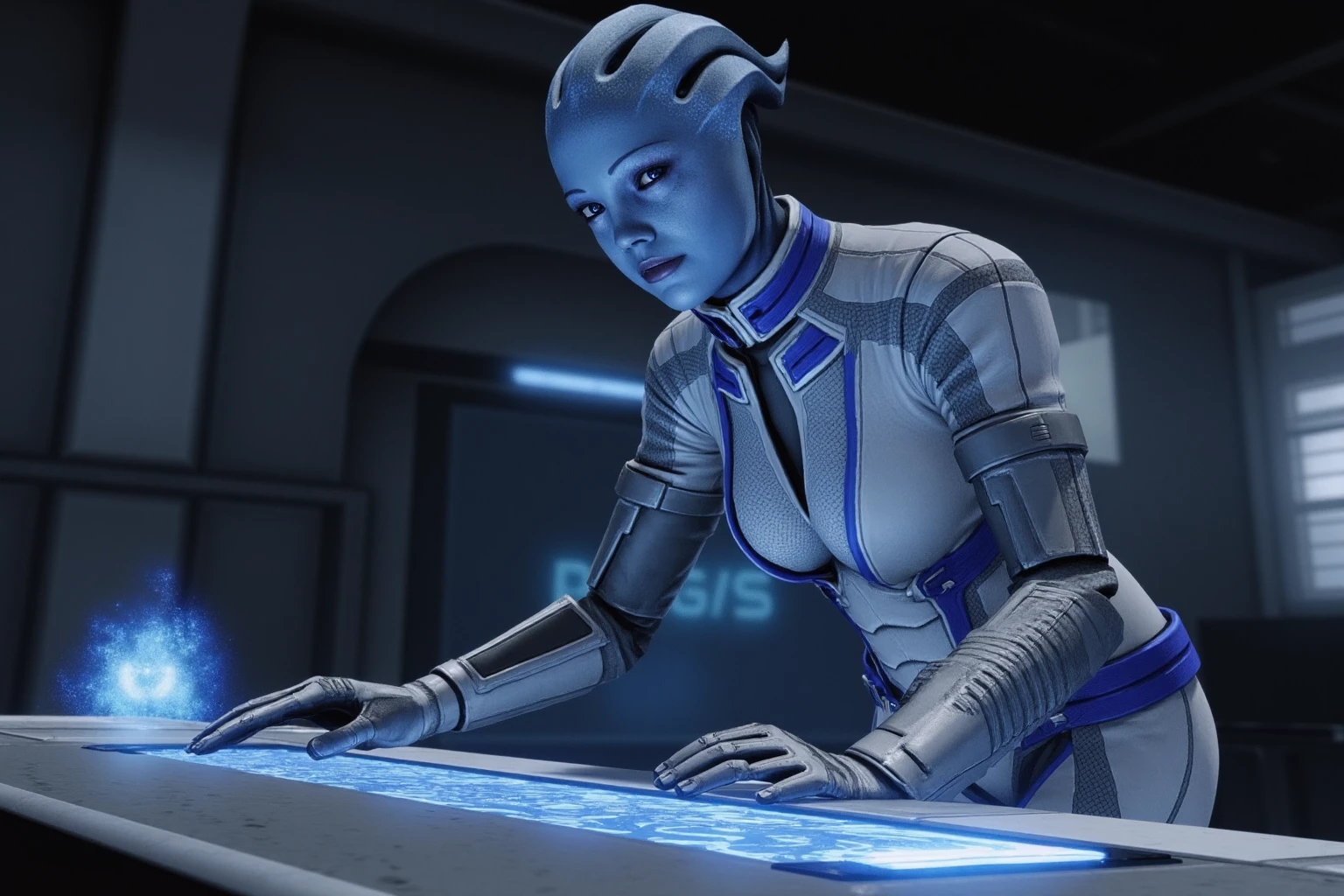 ((full body)) cinematic scene from a science fiction life action series setting, from Mass Effect movie, featuring a character from the Mass Effect series. The character is Liara T'Soni a female Zha'dum, a blue-skinned humanoid alien with a slender, athletic build. She has a sleek, elongated head and piercing blue eyes. She is dressed in a form-fitting, high-tech suit with a predominantly white and blue color scheme, adorned with intricate, glowing blue accents. The suit appears to be a blend of armor and clothing, designed for both protection and functionality. The character is working on a futuristic console, which is part of a high-tech, dimly lit environment with a metallic and sleek aesthetic.