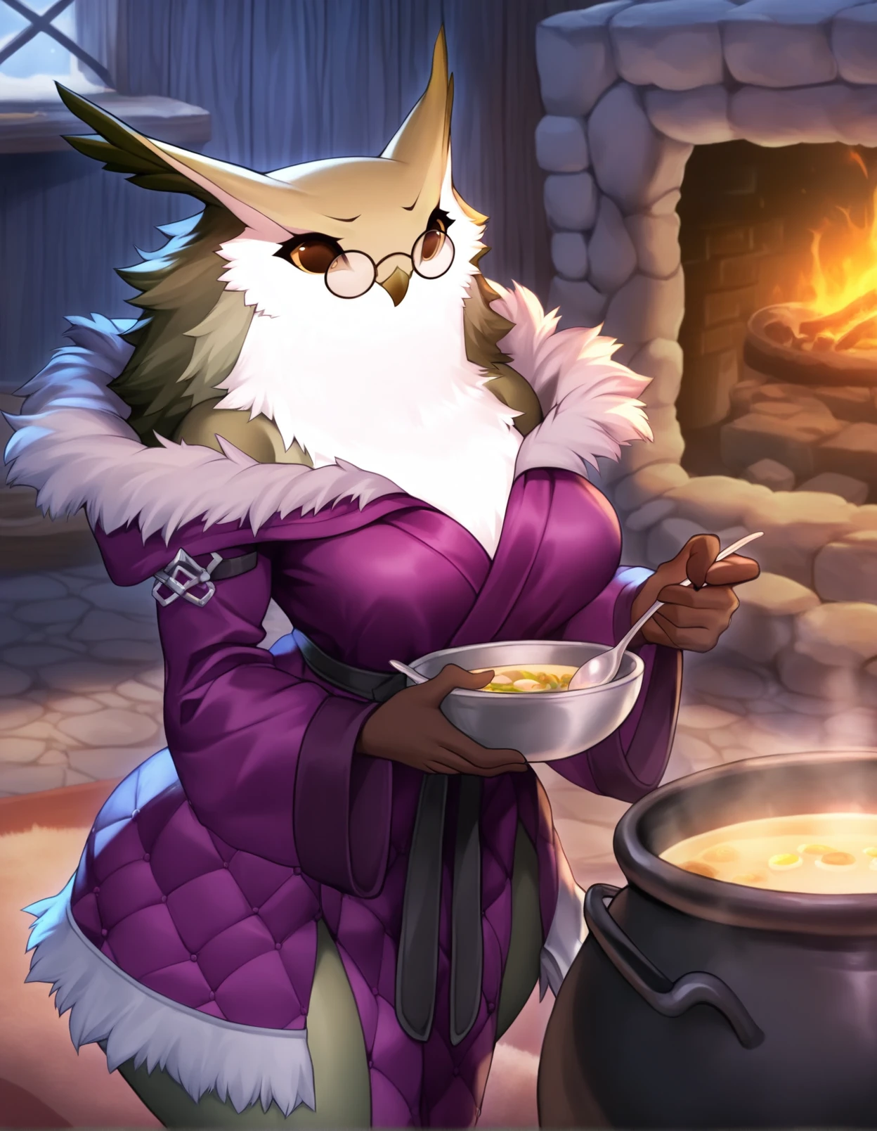 masterpiece, best quality, ramona, owl, anthro, solo, female, round glasses, fur trim purple dress, cooking pot, cauldron, holding spoon, inside, fireplace, soup, holding bowl, 
<lora:UnicornOverlordBeastmen_Noob-1.0.38:1>