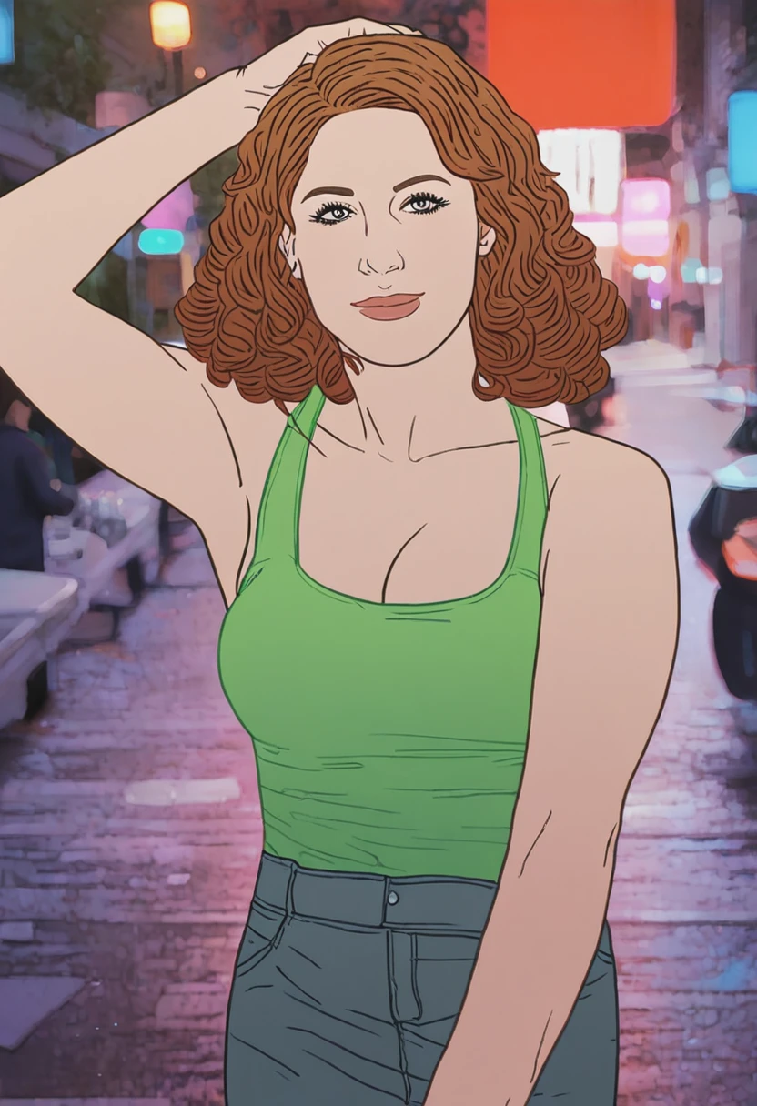 score_9, score_8_up, score_7_up, 1girl, large_breasts, portrait, solo, looking_at_viewer, open_eyes, Dancing with one hand above the head, pov, (Champagne Parka), curly hair, bouffant, Auburn hair, street, close-up, rating_safe, <lora:pony\artist_styles\evakiss_gggb_pony:1.0>