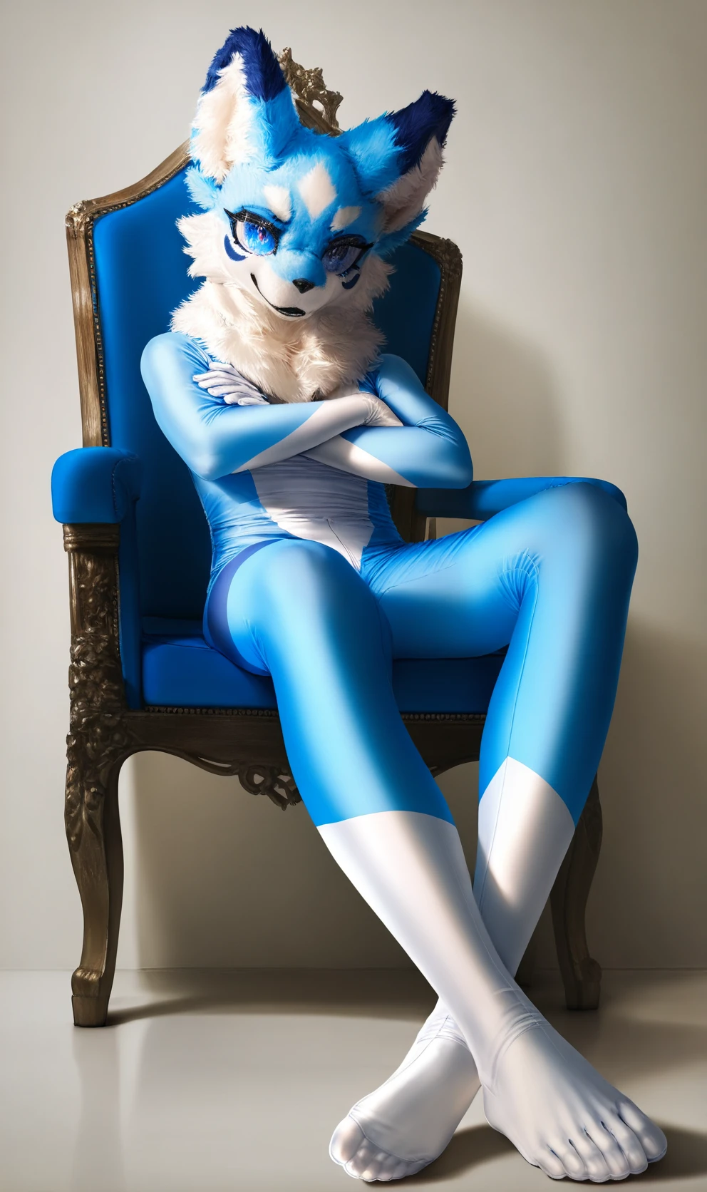 1girl,solo,masterpiece,amazing quality,(artist:betabeet),artist:john_kafka,artist:nixeu,artist:quasarcake,year 2023,best quality,amazing quality,masterpiece,(furry:1.2),photorealistic,furry male,purple and white fur,paws,sitting on throne,legs crossed,feet,feet focus,from below,arms crossed,(lycra fur suit),light blue and white bodysuit,blue eyes,furry ears,realistic,solo,full body,<lora:ZentaiFursuitNoob:0.9>,