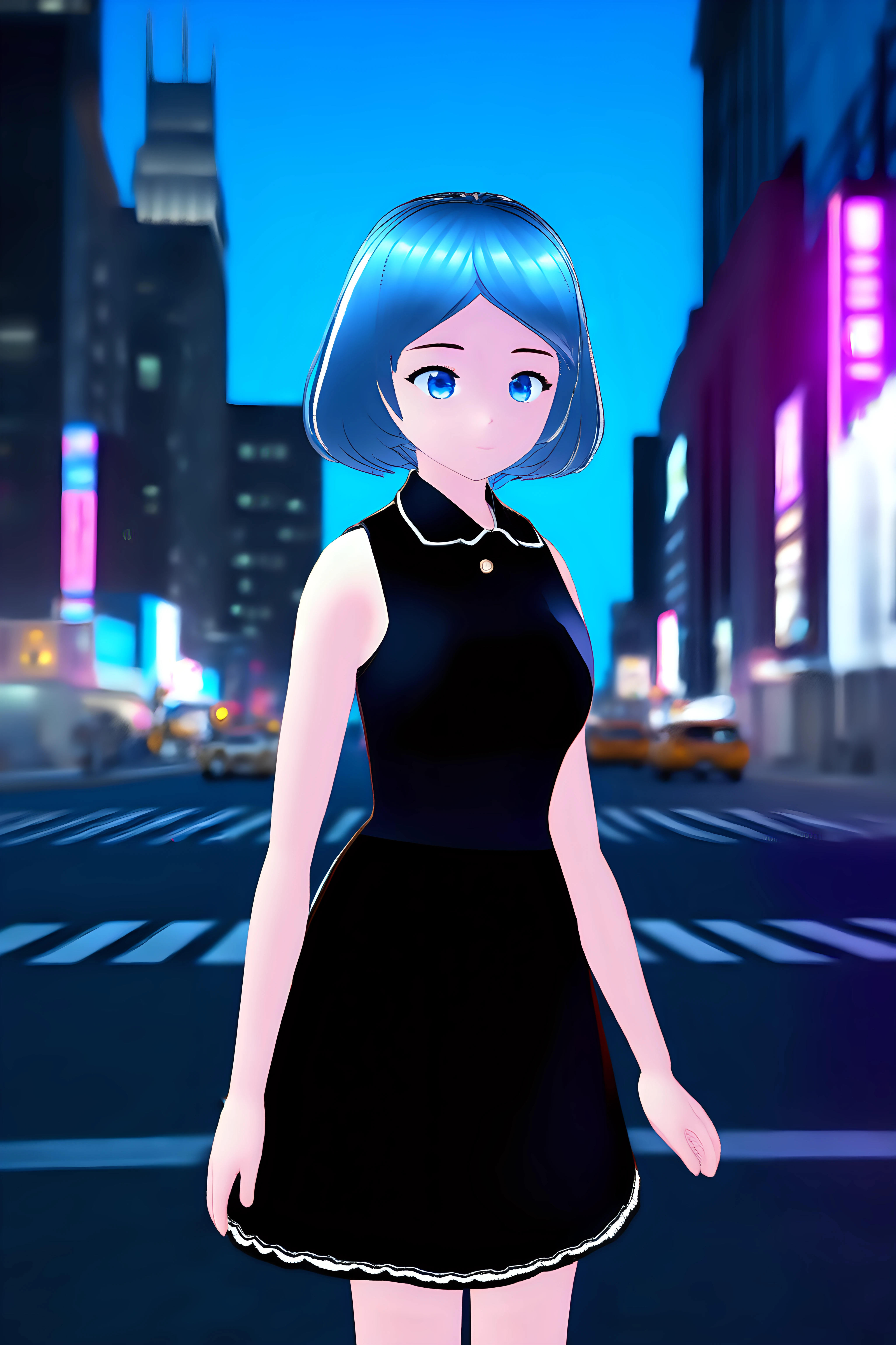 1girl, cowboy shot, standing, short hair, blue hair, blue eyes, black dress, collared dress, sleeveless dress, bare shoulders, bare arms, outdoors, city, street, neon lights, night, night sky