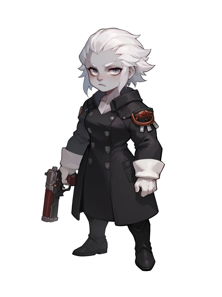 xivmerlwyb, solo, muscular female, nose, grey skin, short hair, white hair, black coat, white gloves, holding gun, chibi, full body, white background <lora:merlwyblast:0.8>, score_9, score_8_up, score_7_up, score_6_up,