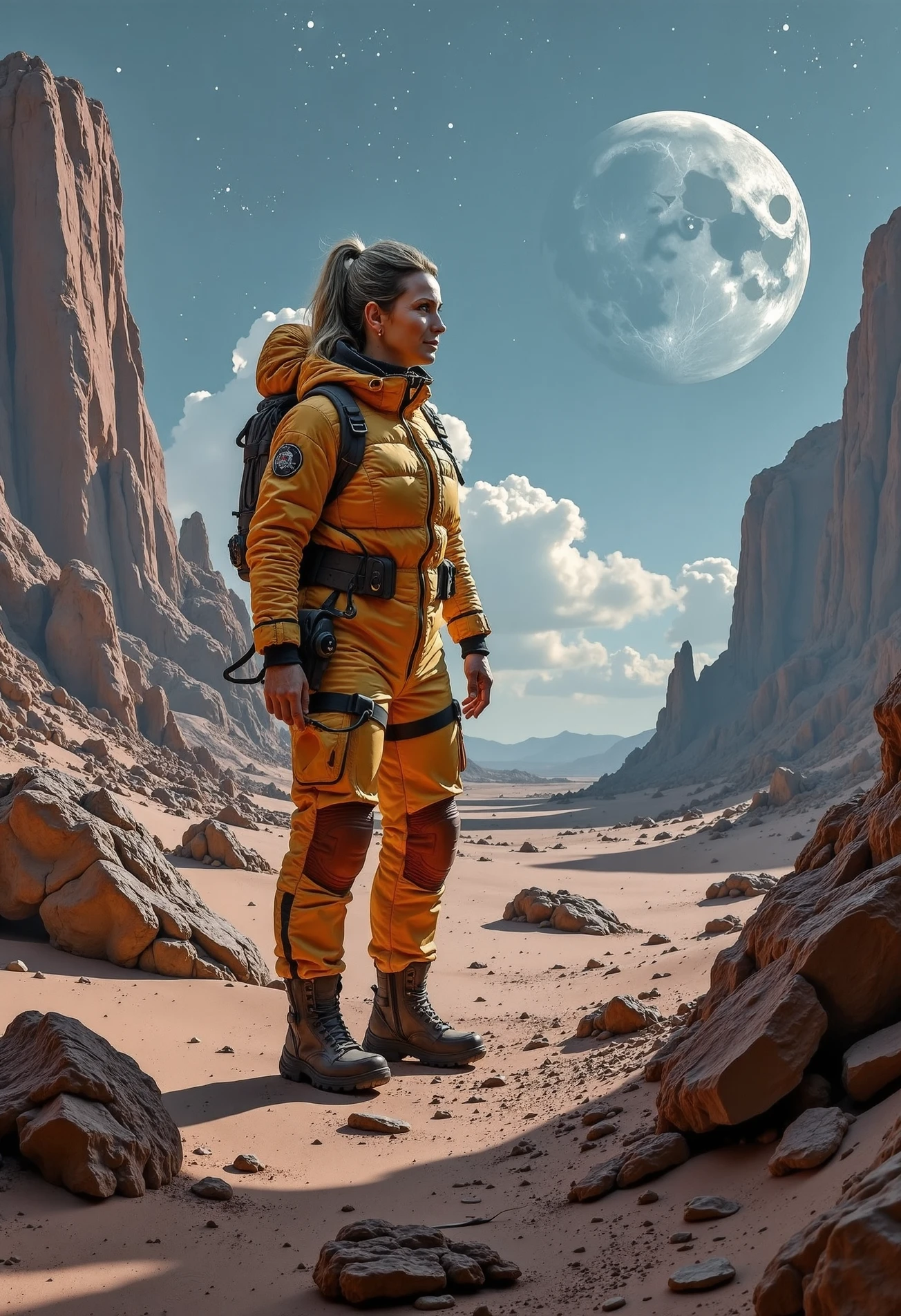 Helene Hendriks, a woman wearing a spacesuit, exploring an alien planet, strange rock formations, distant stars in the sky