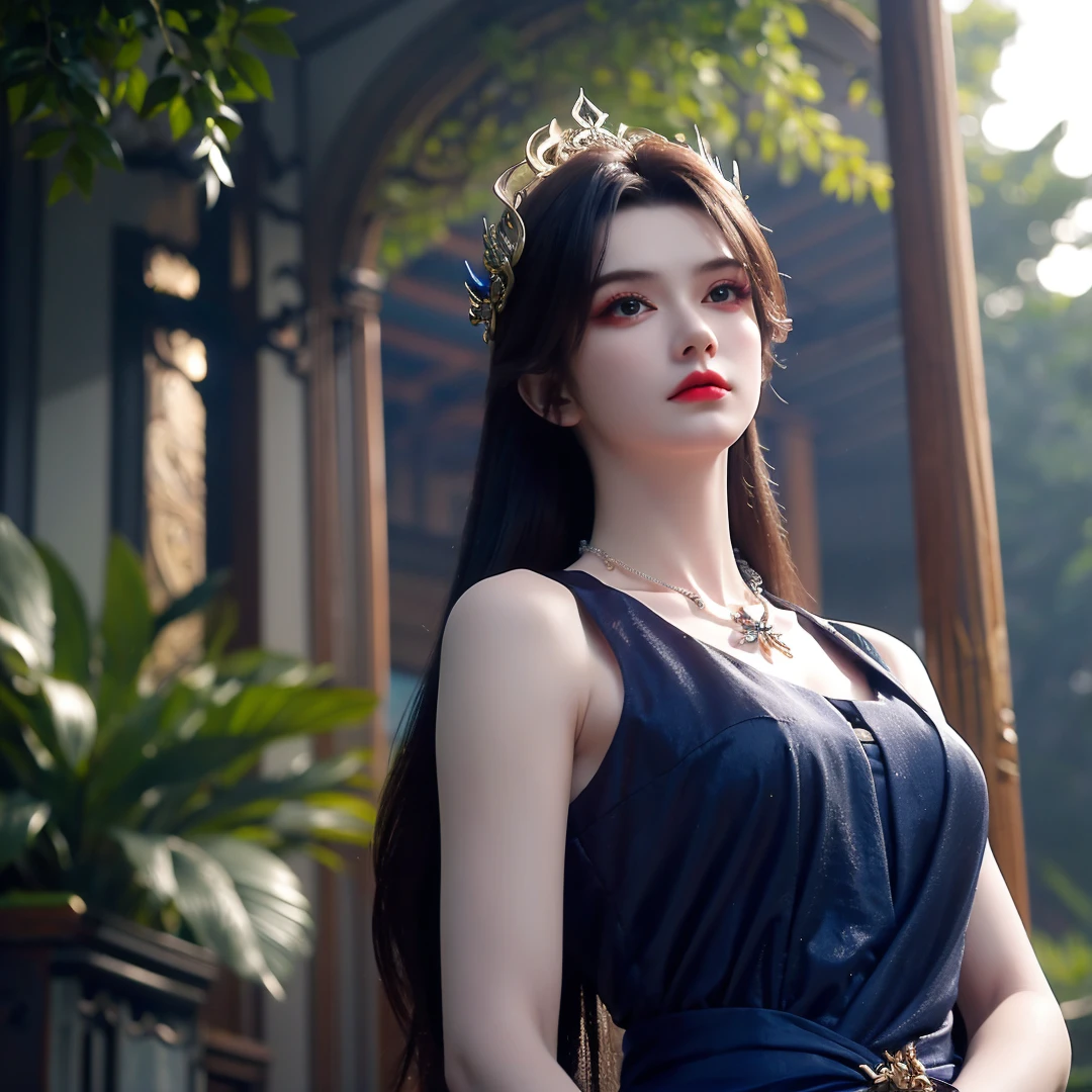 1girl,solo,long hair,black hair,brown eyes,eyelashes,(eyeshadow),makeup,red lips,((frown)),(long blue dress),(hair ornament),jewelry,necklace,looking at viewer,((outdoors)),forest,scenery,((nature)),((sunlight)),((glowing)),upper body,from below,depth of field,Highly detailed,(ultra-detailed),(best quality:1.5,masterpiece:1.5),<lora:caoying:0.75>,