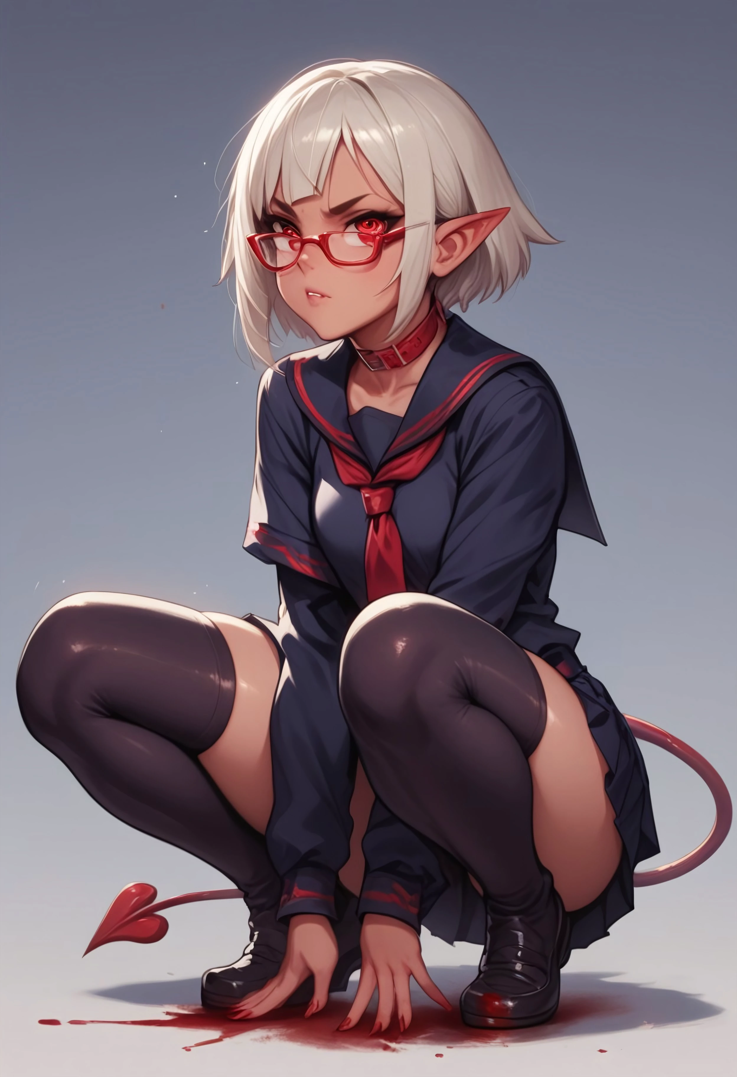 score_9,score_8_up,score_7_up,score_6_up,score_5_up,score_4_up, XUER guangying, hkmagic
BREAK;
Ana the succubus, short white hair with twintails, red eyes.
BREAK;
Ana is wearing a black pleated skirt, glasses, serafuku, black thigh-high socks, blood magic, squatting, red-framed eyewear, black serafuku, fighting stance, blood magic swirls from anas claws emitting sparks, blood and fire are spilled all over the floor.