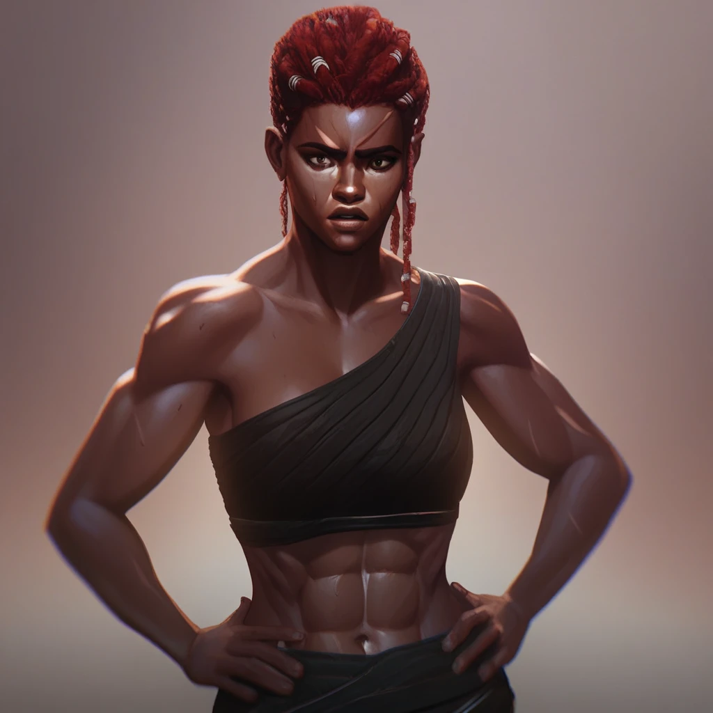 female focus, solo focus, solo, score_9, score_8_up, score_7_up, <lora:AmbessaMedardaOldYoung:1>  AmbessaMedardaYoung, 1 girl, female focus, dark-skinned female, abs, red hair, muscular, dredlocks, brown eyes, hands on hips, hand on hip