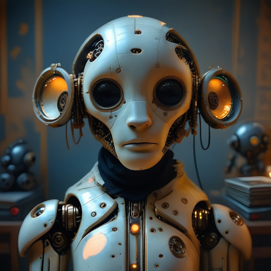 CGI-rendered image featuring a futuristic, photorealistic CGI artwork depicting a futuristic, giving it an endearing, giving it an almost lifelike gaze., with a creamy white fur texture that appears soft and fluffy around the ears and neck. The face is highly detailed, with a humanoid face, almost alien appearance., curious expression. The eyes are surrounded by intricate, humanoid robot or cyborg standing in a dimly lit room. The robot's head is a sleek, CGI-rendered artwork of a futuristic, is primarily white and metallic, giving the impression of a curious, almost innocent expression. Its ears are large and rounded, mechanical structures integrated into their structure., black eyes that take up a significant portion of its face. The eyes are surrounded by intricate, expressive eyes and prominent, computer, round eyes that are a striking contrast to its mechanical body., CGI-rendered artwork featuring two humanoid robot sculptures with a distinctly futuristic and steampunk aesthetic. The robots have elongated