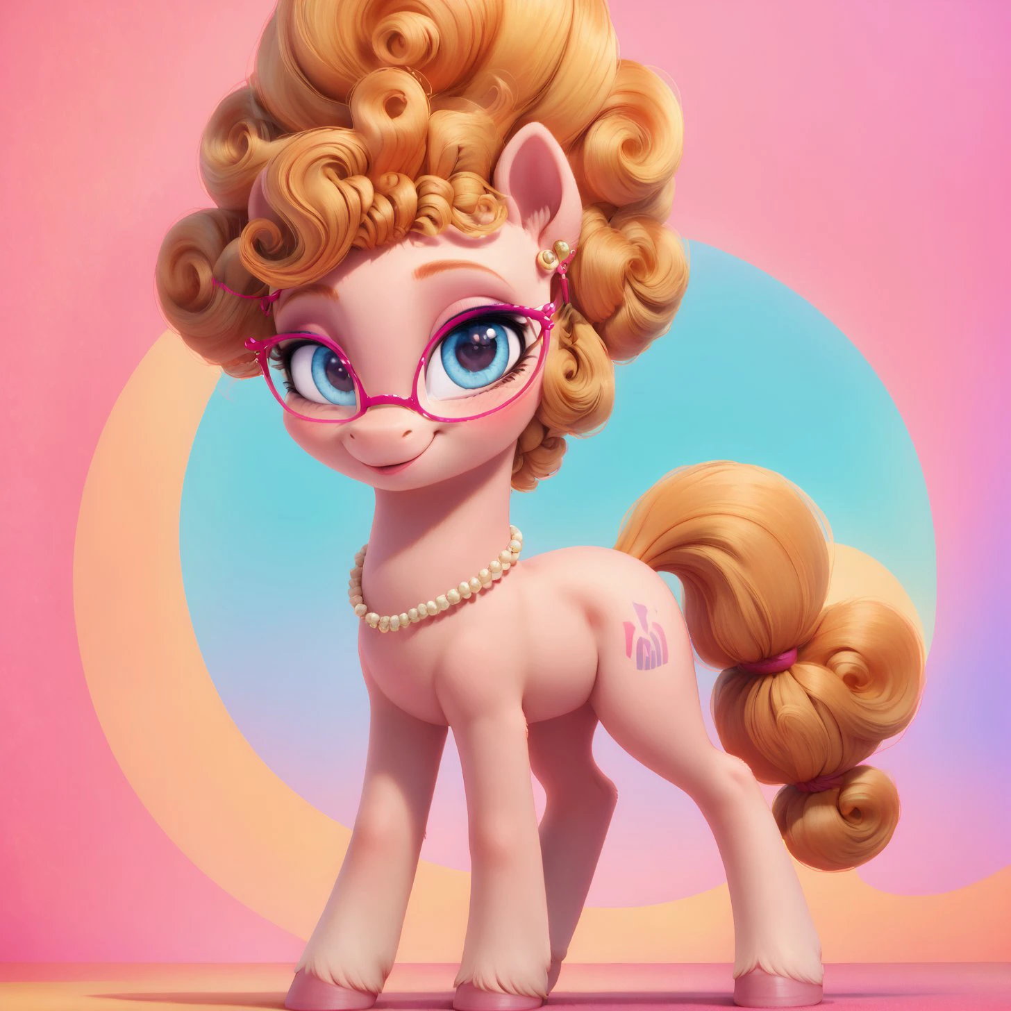 score_9, score_8_up, score_7_up, score_6_up, score_5_up,with beautiful, detailed, (detailed cute pony face), detailed eyes, detailed fur, beautiful, vector, flat colors, (abstract background: 1.8), (looking at you, looking at viewer: 1.5), cute smile, happy, ((close-up)),  Phyllis Cloverleaf, glasses,
 FULL body
<lora:Wholesome_MLP-v1.2:1>  <lora:3D_Animation_Diffusion_Pony_style:1> <lora:Phyllis Cloverleaf:1>