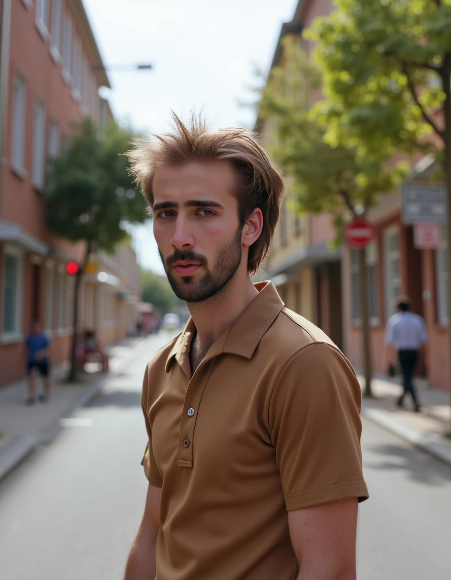 HINC man walking up the street in a brown bowling shirt
