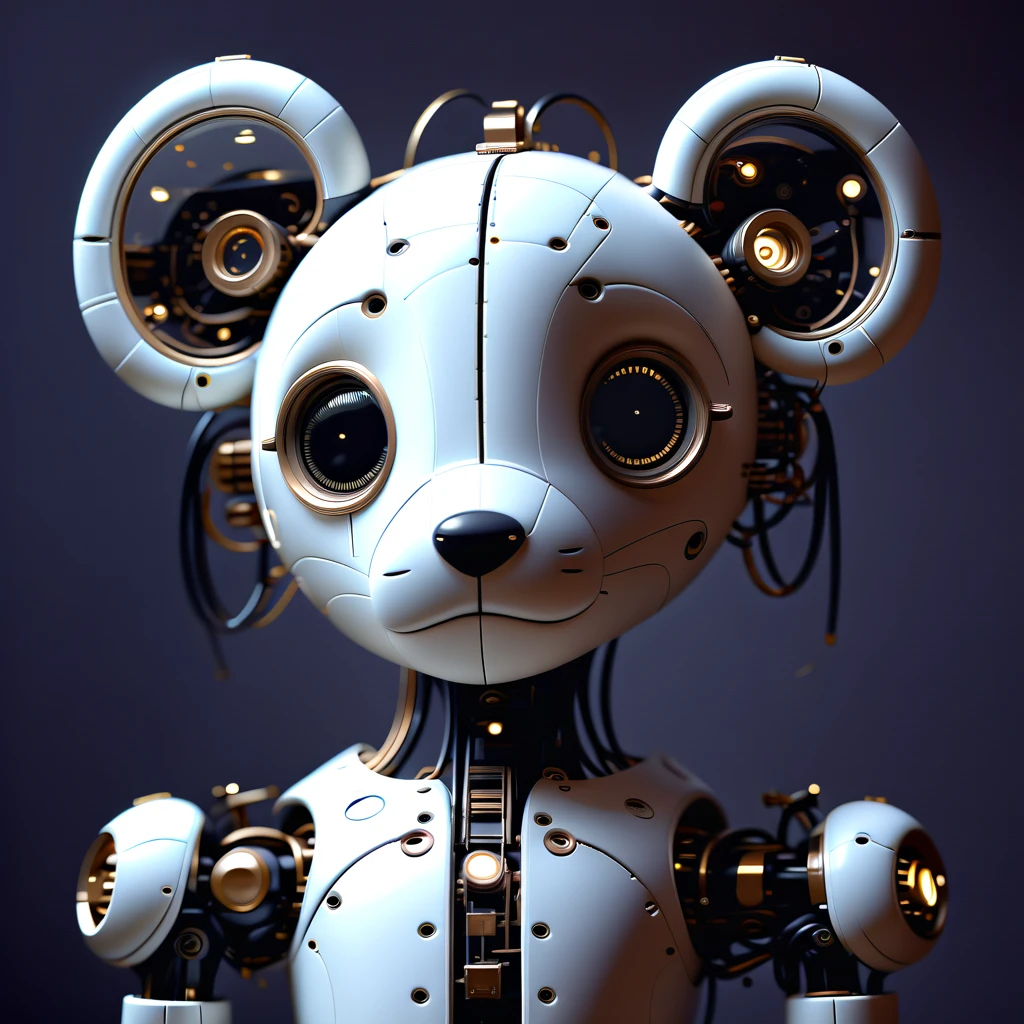 robot joints, black background, pencil, humanoid robot, blurry, realistic, 1girl, stuffed toy, cyborg