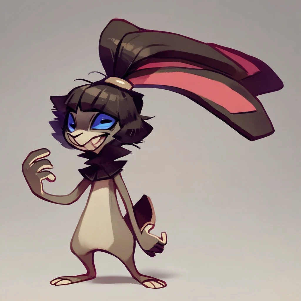 score_9, score_8_up, score_8, score_7, source_cartoon, source_furry, perfect hands, Solo, 1boy, anthro, rabbit, rabbit boy, shortstack, hair tie, multiple ears, 6 ears, rabbit ears, gray and black fur, black hair, blue sclera, short tail, looking at viewer, standing, full body, smiling,