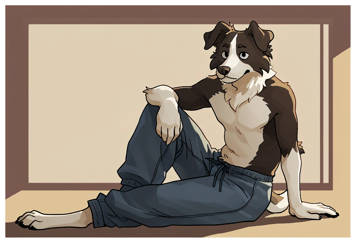 by mawfulme, furry, dog boy, border collie, solo, topless, baggy pants, hand on one knee, sitting, detailed background, looking at viewer, <lora:MawfulMe_style:1>