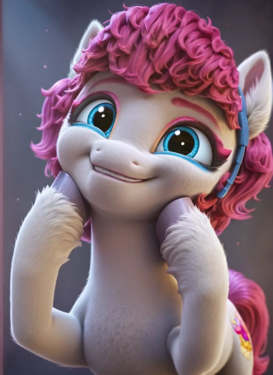 , score_9, score_8_up, score_7_up, score_6_up, score_5_up, score_4_up, rating_safe,  <lora:Snuzzle:1> Snuzzle, Earth Pony, Body Color
White gray, Hair Color
Hot pink
, FULL body ((cute, little, fuzzy pony, fur)), (high quality, detailed, beautiful), shiny, adorable face, detailed beautiful eyes, diadema, sunlight, realistic, outstanding, countershading, detailed soft lighting, ear fluff, hoof on face, cinematic vintage photography