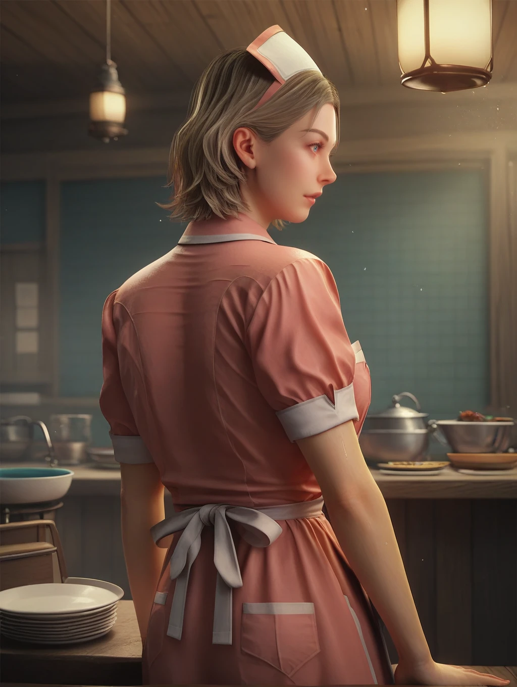 score_9, score_8_up, score_7_up, score_6_up,  
1girl, gorgeous girl , kawai girl , cute face ,
<lora:rose_marigold:.9> rose_marigold, blonde hair, medium hair, blue eyes, 1girl, pink waitress uniform, apron, diner hat
  beautiful eyes, ,   ,       ,wet body, standing , (slim fit), pose  , dark, background , back shot, ass, ass focus, score_9, score_8_up, score_7_up, intricate details, rating_safe, fantasy setting,
depth of field, detailed background,
<lora:ral-chrosc-clr:0.5>, ral-chrosc-clr,
<lora:Expressive_H:0.5>, expessiveH,
<lora:xl_more_art-full_v1:0.3>,
<lora:add-detail-xl:0.3>