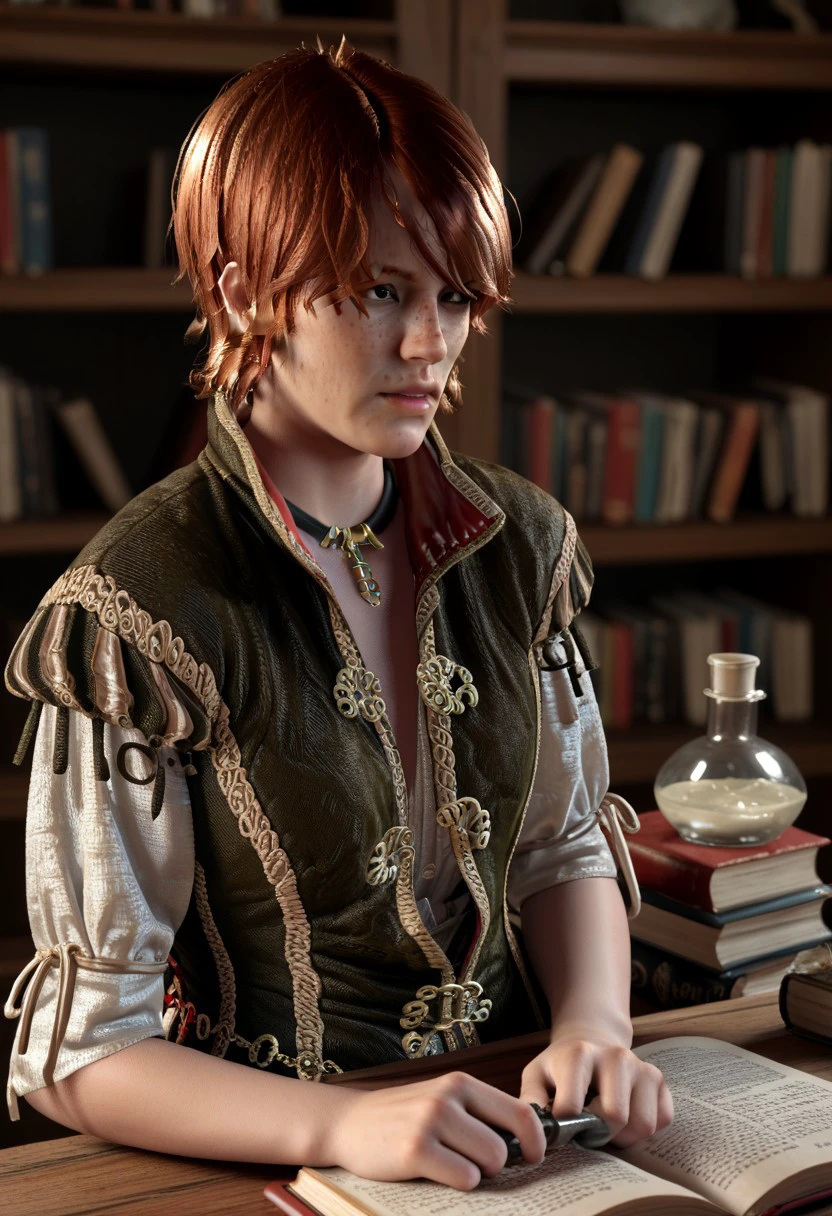 score_9, score_8_up, score_7_up "Shani witcher 3 freckles ,researching , surrounded by books and alchemical tools in Witcher house