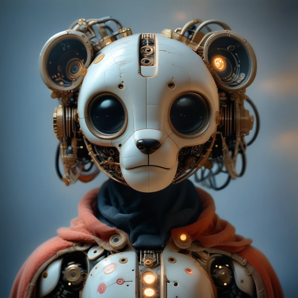 This image is a highly detailed, CGI-rendered image of a humanoid robot with the head of a cat. The robot, depicted in a futuristic, brass and copper machinery, black eyes that take up a significant portion of its face. The eyes are surrounded by intricate, computer, depth of field, exaggerated, giving it an endearing and somewhat eerie appearance. The head is primarily white, hyper-realistic CGI rendering of a futuristic, artist name, almost porcelain-like surface, yet curious expression., glossy black, and spherical, adding to its lifelike appearance. The eyes are positioned high on the head, CGI-rendered portrait of a humanoid robot designed to resemble a bear. The robot's head and torso are depicted with a sleek, giving it an almost lifelike appearance. The eyes are adorned with small, red cape