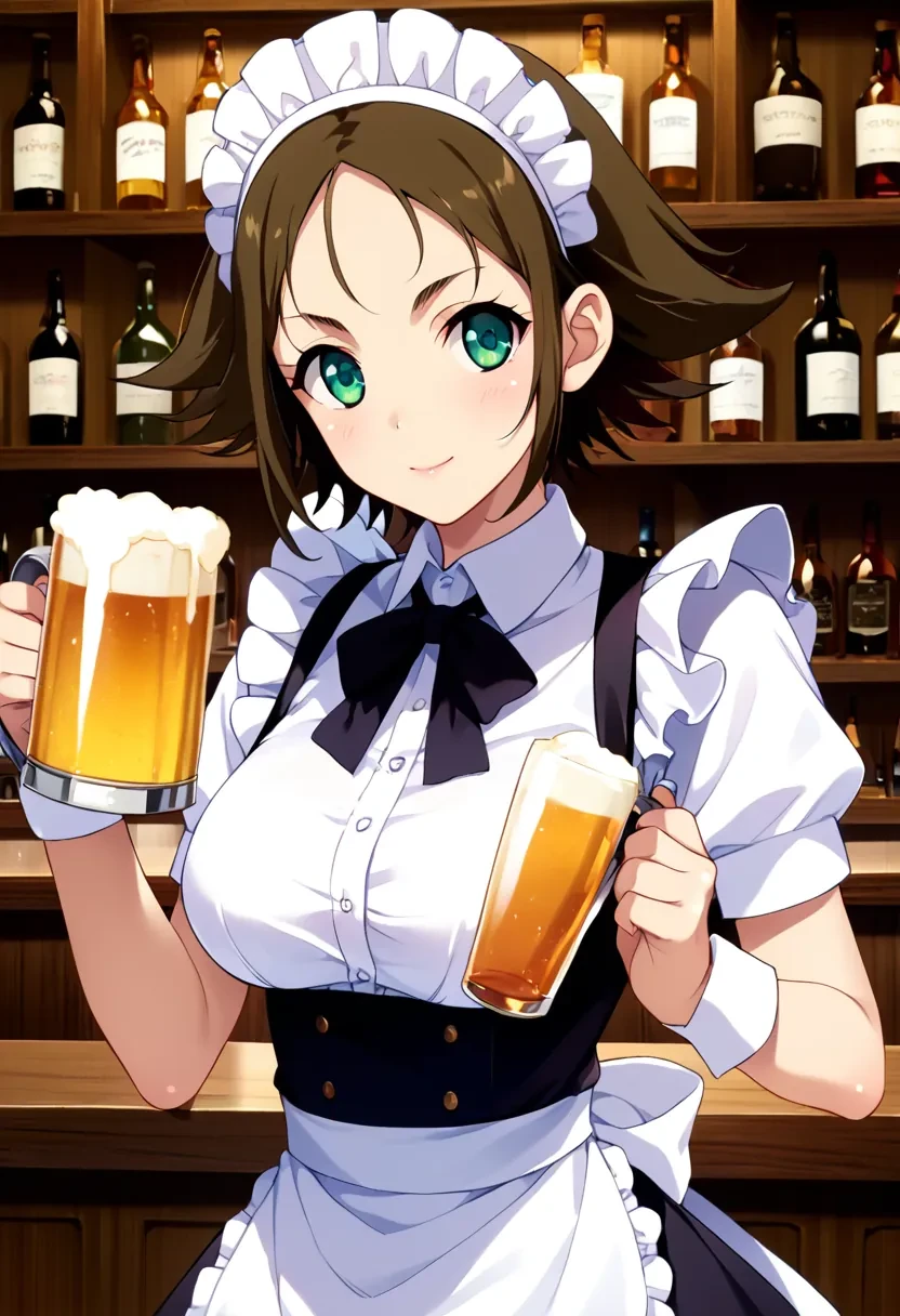 score_9, score_8_up, score_7_up, score_6_up,

1girl, solo,

Osono, short hair, brown hair, green eyes, flipped hair,

maid, bar, holding beer,