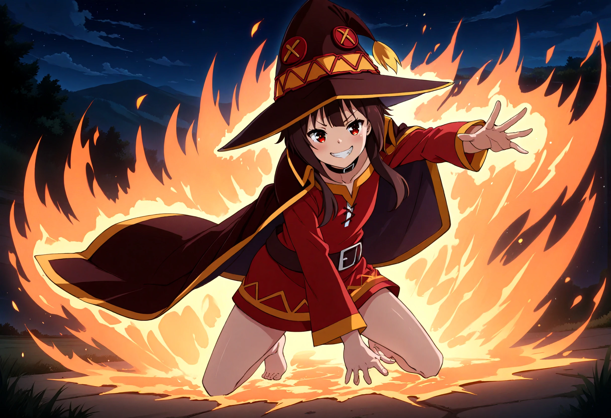 highres,absurdres,masterpiece,best quality,<lora:MeMaxV3TypeC_ill>,megumin,night,dynamic pose,barefoot,flame,magic,sumg,big grin,looking at viewer,outdoors,hat,reaching towards viewer,