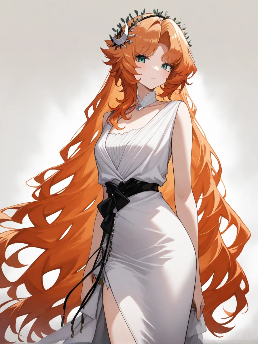 ,grey background,looking_at_viewer,1girl,druvis iii\\(reverse:1999\\),long hair,orange hair,WHITE dress, <lora:1999a:1>, masterpiece, best quality, very aesthetic, absurdres